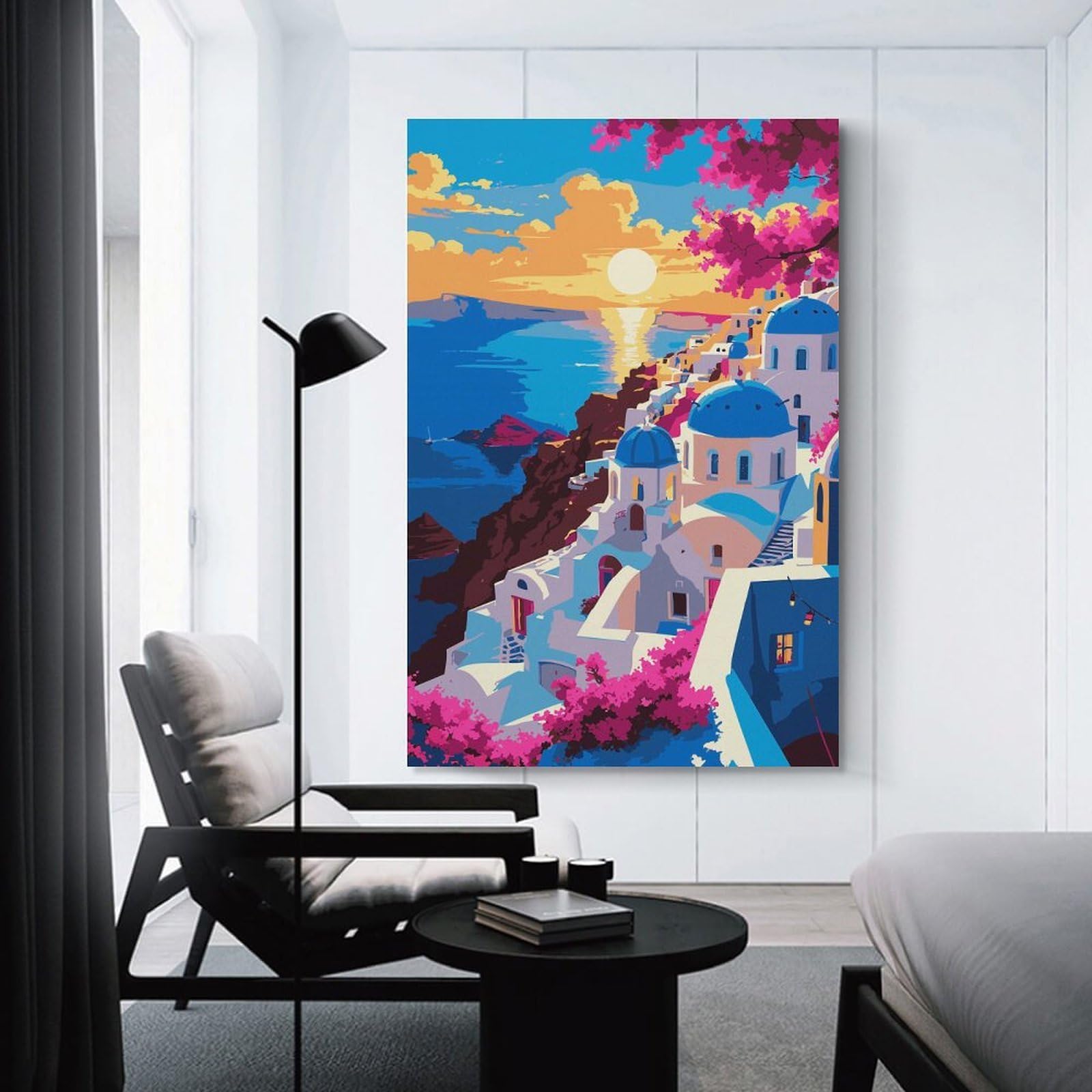 Junmoney Canvas Art Print Santorini Sunset Digital Art, 24x36inch(60x90cm), for New Homes, Bedrooms Or Workspaces, Thoughtful Wall Decor for Art Lovers