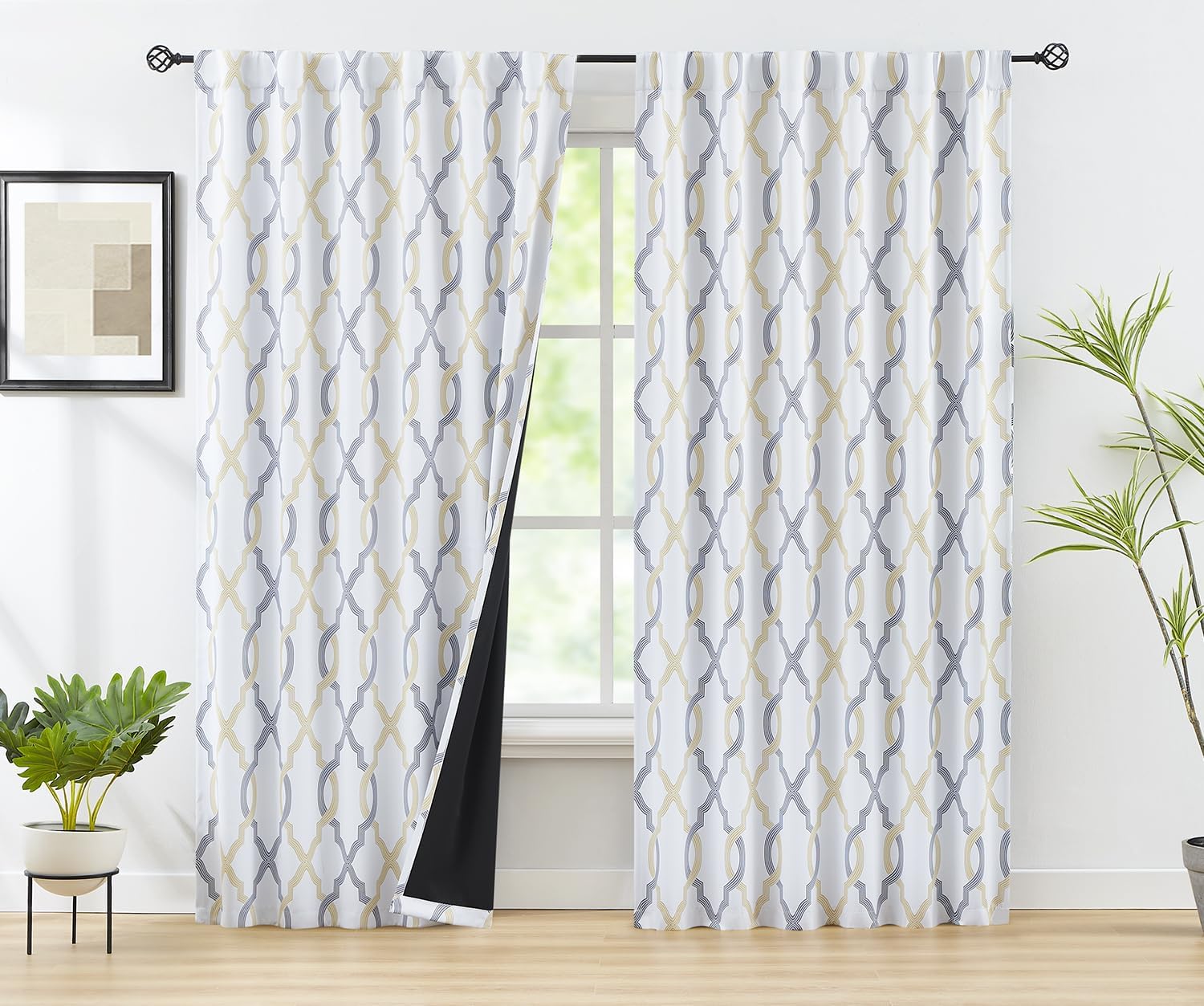 FMFUNCTEX 100% Blackout Curtains 84 Inches Long for Bedroom, Yellow Grey on White Geometric Patterned Drapes for Living Room, Thermal Insulated Moroccan Window Curtains Rod Pocket/Back tab 2 Panels 50"W x 84"L (Pack of 2) Yellow Grey