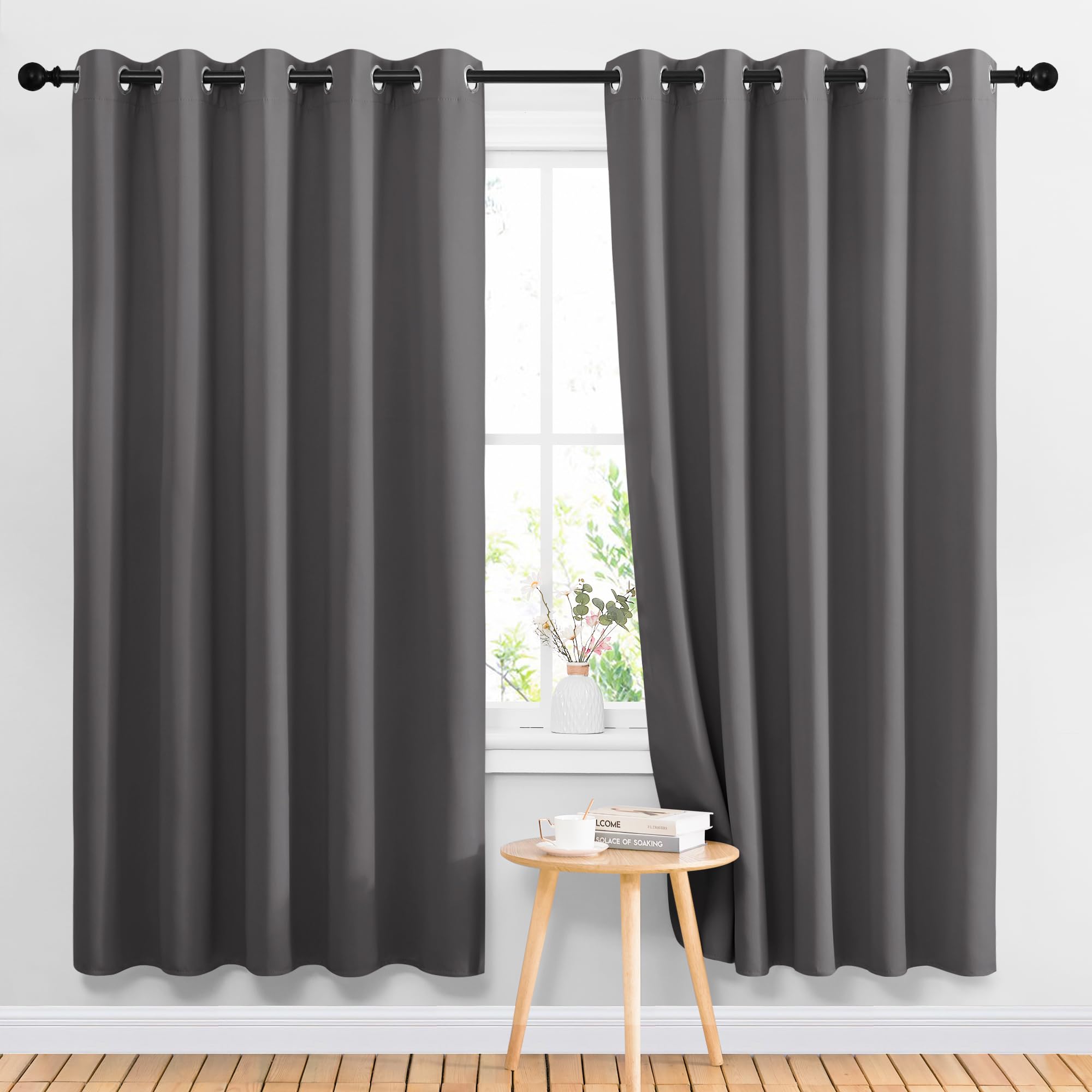 NICETOWN Blackout Curtains Panels for Living Room, 2 Panels, 66 x 70 Inch, Gray, 3 Pass Microfiber Noise Reducing Thermal Insulated Solid Ring Top Blackout Window Drapes