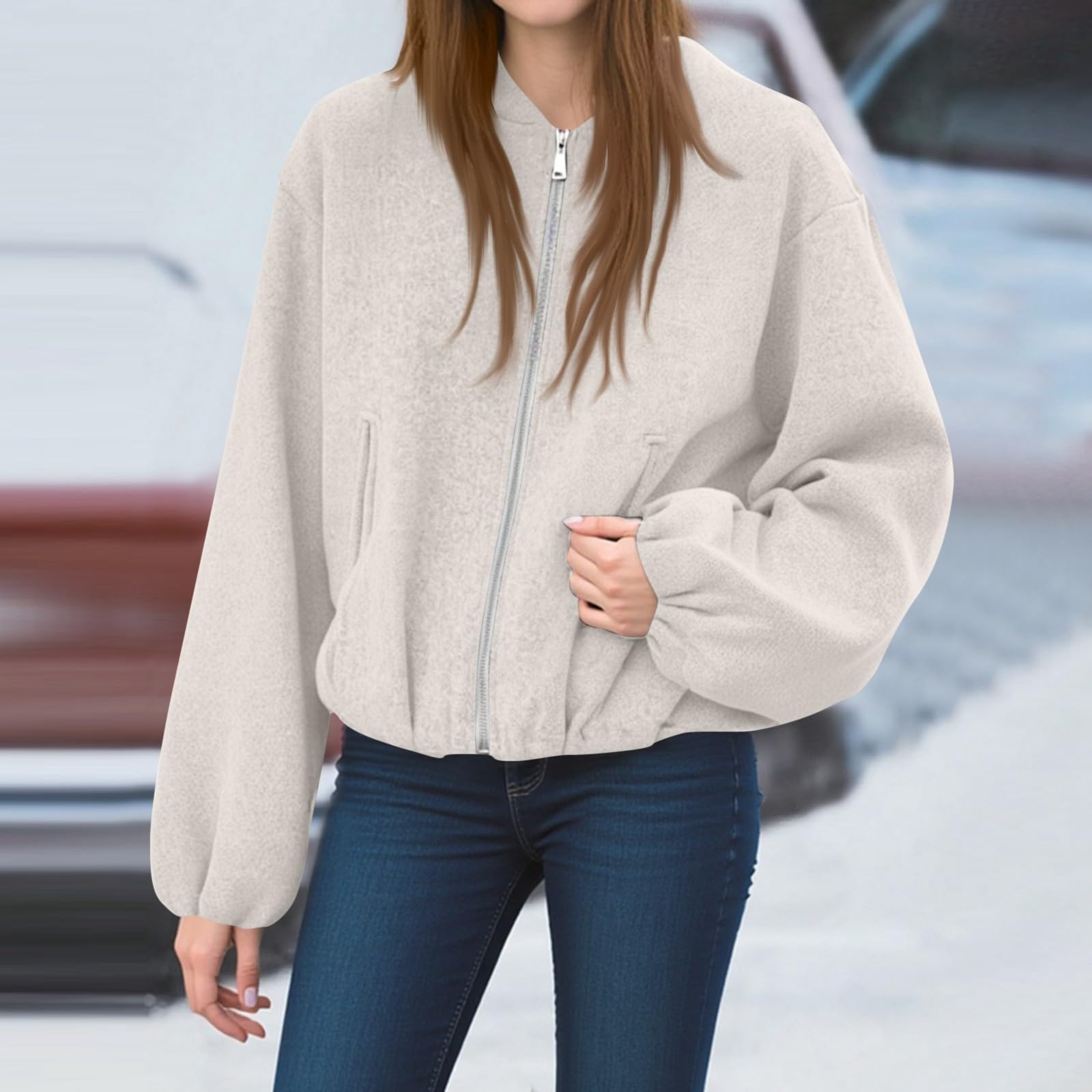 FUPODD Jacke Damen Kurz Winter Übergangsjacke Elegant Bomberjacke Mit Reissverschluss Wollmantel Kurze Fleecejacke Langarm Pilotenjacke Tweed Mantel Mit Taschen Winterjacke Wolle Fliegerjacke Locker