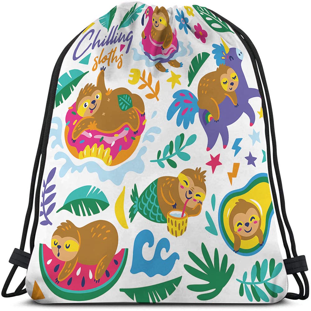 Beabes Chilling Sloths Drawstring Bags Backpack Bag Animal Floral Leaf Flamingo Donuts Mermaid Star Avocado Quote Sport Gym Sack Drawstring Bag String