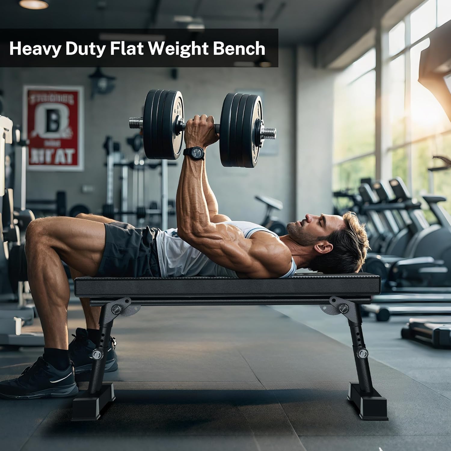 Weight Bench, Foldable Flat Bench with Gym Quality 1300 LBS Capacity | 5-level height, 2.5" thick cushion, sturdy T-Legs, compact storage flat bench for weight training and ab exercises, black