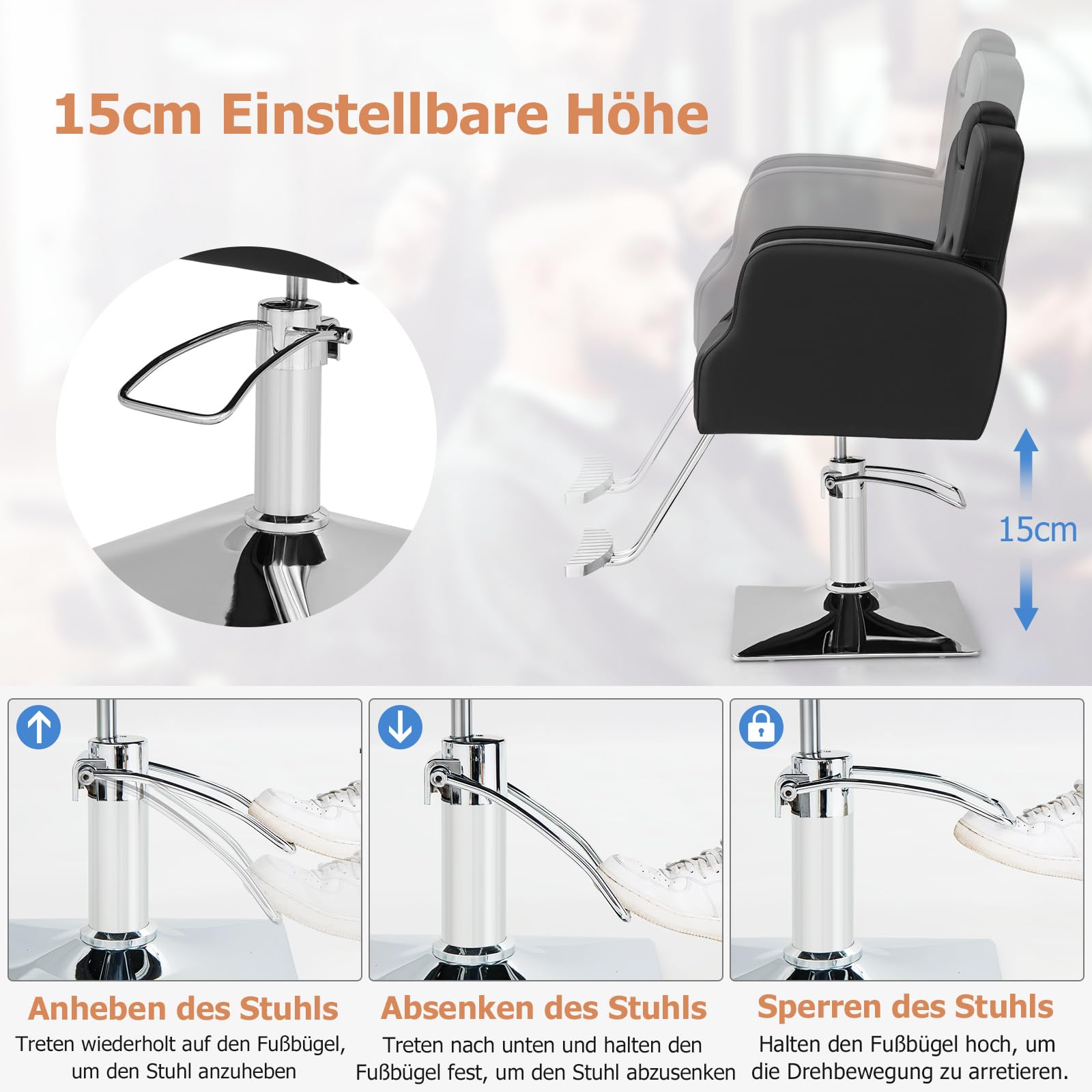COSTWAY Friseurstuhl mit Kopfstütze, Rückenlehne und Hydraulikpumpe, Salonstuhl höhenverstellbar, Friseursessel 360° Drehung, Bedienungsstuhl belastbar bis 150kg