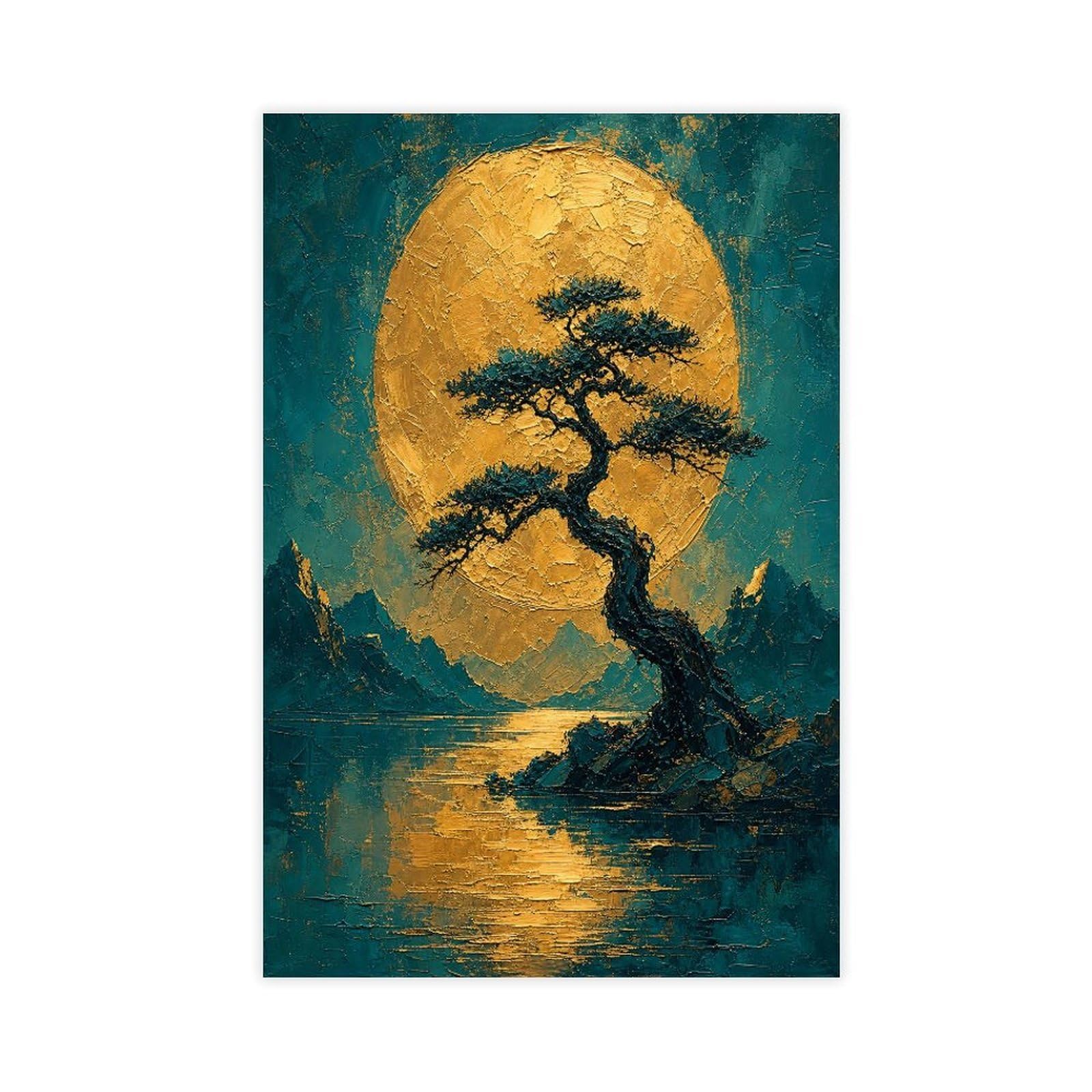 H3b8u2y5 Unframe-Style Golden Moon Pine Landscape Canvas Wall Art, Moonlit Stage Office