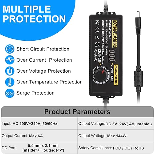 Miniatura 2 de Fuente de alimentación de CC ajustable, adaptador de fuente de alimentación universal Auplf 3V  24V 6A 144W Adaptador de CACC Variable Fuente de