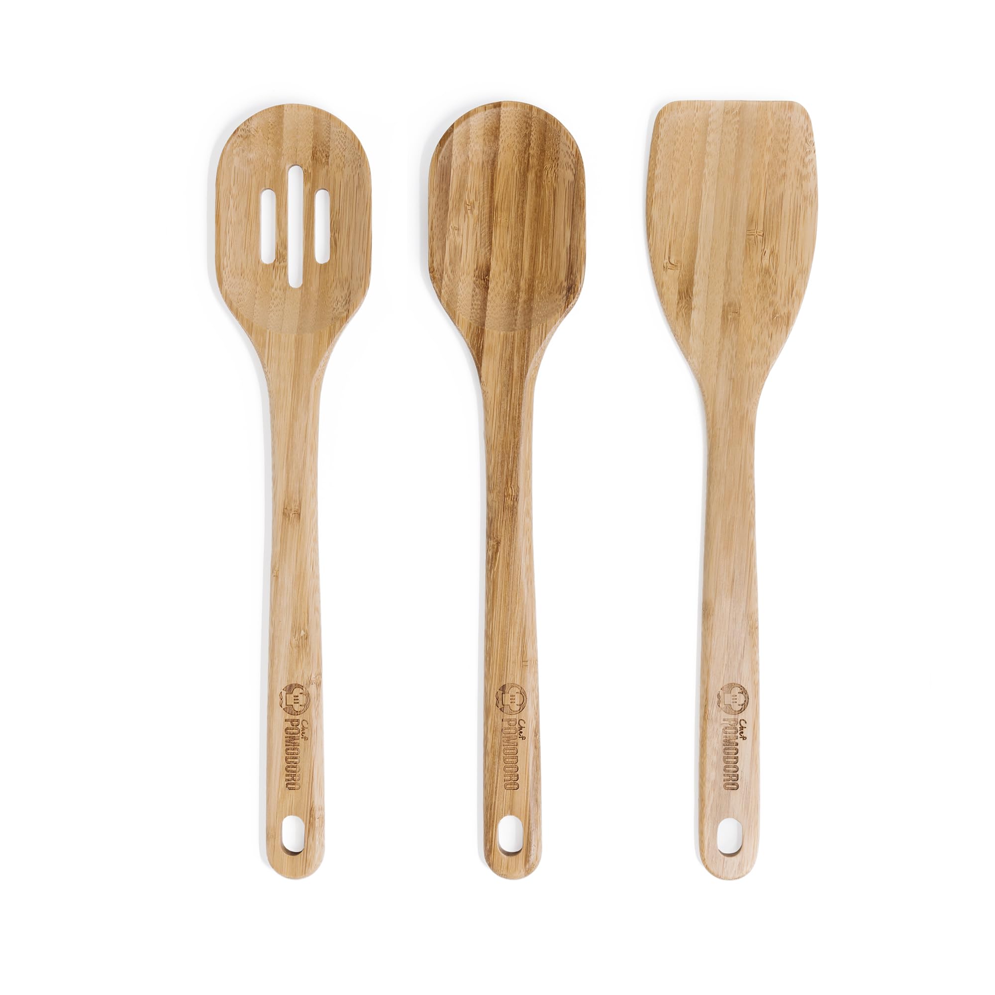 Chef Pomodoro Utensilios de Cocina Madera | Set de 3 Piezas Utensilios Cocina Bambú | Paleta Cocina Grande 31 cm, Cuchara Madera y Cuchara con Orificios | Set Menaje de Cocina