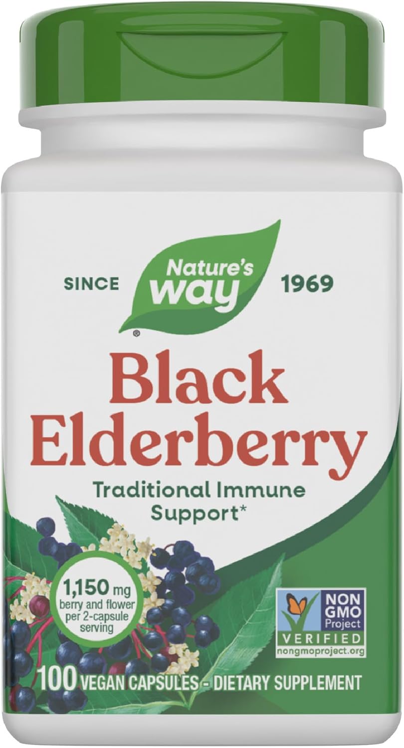 Nature's Way Black Elderberry Supplement, Traditional Immune Support*, With Elderberry and Elderflower, Plant Powered, 100 Capsules (Packaging May Vary)