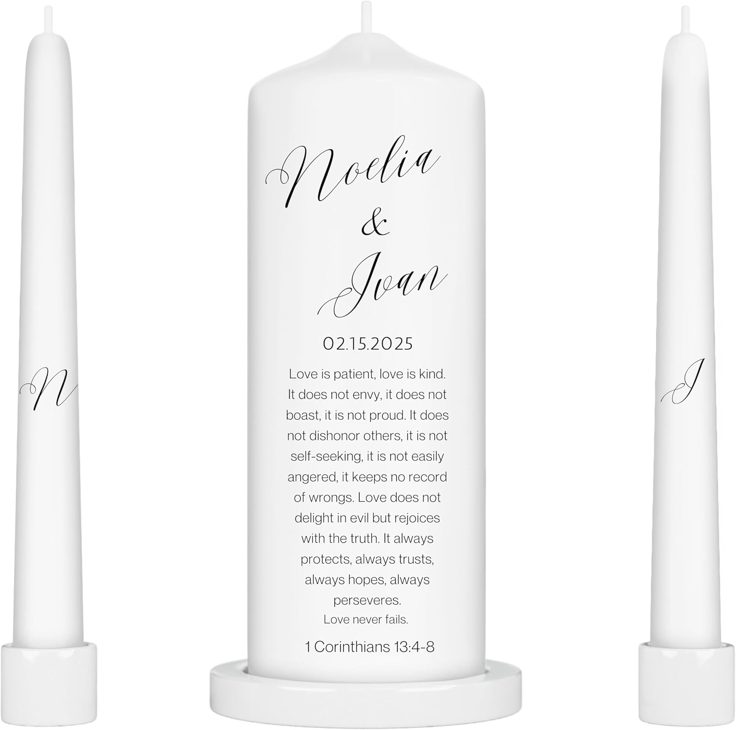 Unity Candles for Wedding, Modern Unity Set, Custom and Personalized Pillar and Taper Candles with Bible Quote, Unscented White Premium Wax, Religious and Wedding Ceremony, Special Events