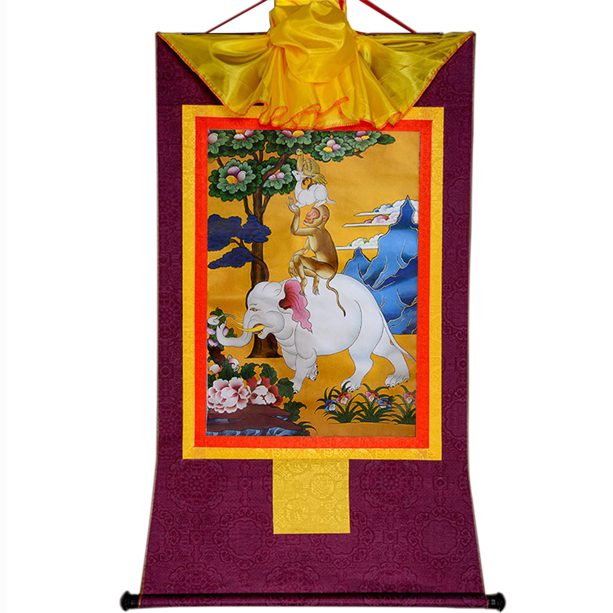 Gandhanra Tibetan Buddhist Thangka Wall Hanging,Four Harmonious Animals Thangka,Elephant,Monkey,Hare,Bird,Hot Stamped Brocade Buddhist Tapestry for Zen Home Decor, Meditation, Spiritual Relaxation