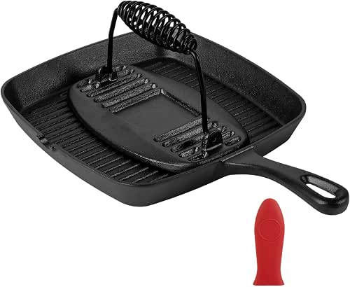 Cast Iron Grill Pan,9.25" Pre Seasoned Skillet with Pour Spouts,Silicone