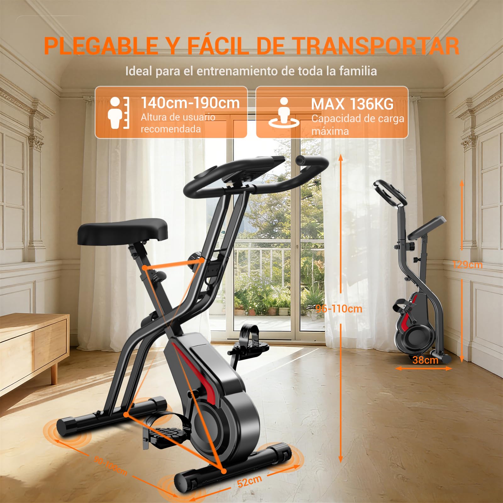 CURSOR Bicicleta estática plegable, 5 en 1Bicicleta spinning profesional | con Resistencia Magnética de 16 Niveles, Bicicleta estatica plegable para el hogar Bici de Sala con Asiento Cómodo, MAX136 kg