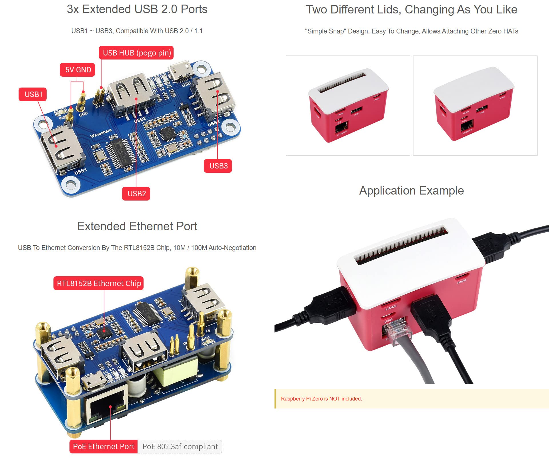 Waveshare PoE Ethernet/USB HUB Box for Raspberry Pi Zero Series 3X USB 2.0 Ports 802.3af-Compliant Compatible with Zero Series Boards
