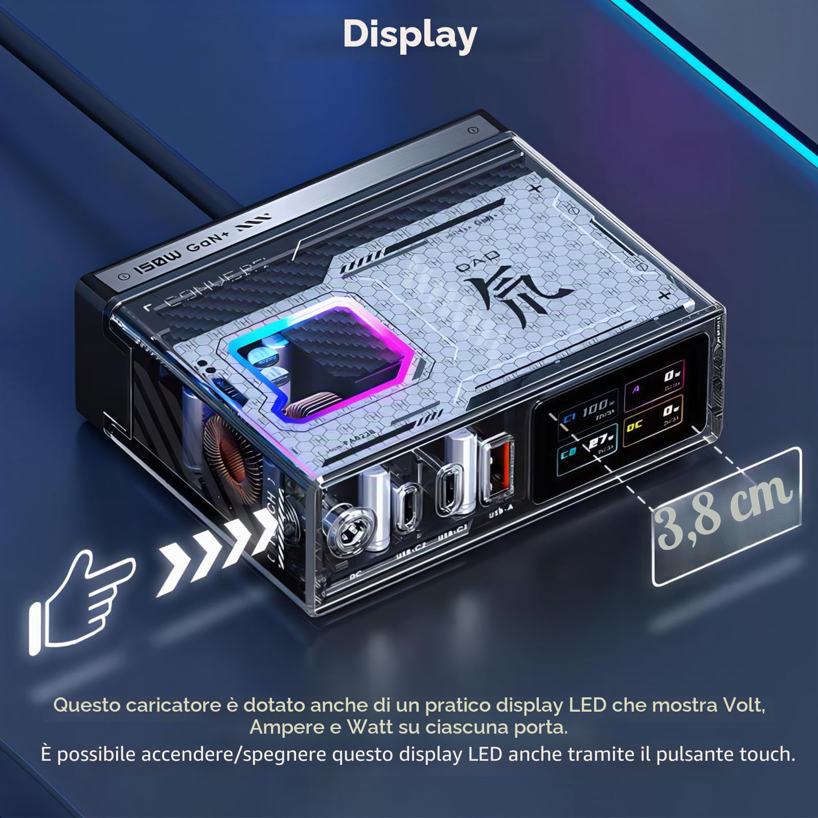 REDMAGIC 150W Caricatore USB C con 2m Cavo, Stazione di Ricarica GAN | 4 Porte (1 DC/2 USB-C/1 USB-A), 3.8cm Display LCD Intelligente per MacBook Pro/Air, iPad Pro, iPhone Serie 17-15, S25 Ultra