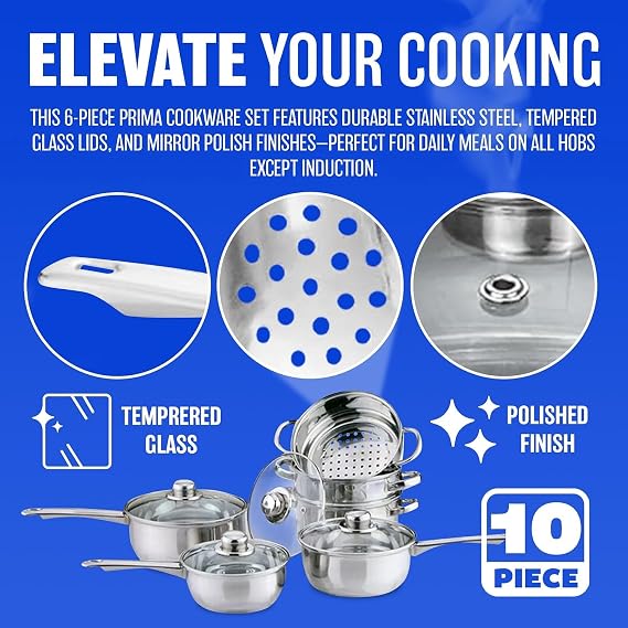 6Pc Stainless Steel Cookware Set - Includes 3 Steamers & 3 Saucepans with Ventilated Glass Lids | Mirror Polished, Handles, Kitchenware | Strong Quality, Long Lasting & Durable