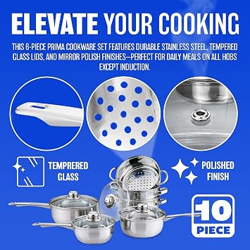 6Pc Stainless Steel Cookware Set - Includes 3 Steamers & 3 Saucepans with Ventilated Glass Lids | Mirror Polished, Handles, Kitchenware | Strong Quality, Long Lasting & Durable