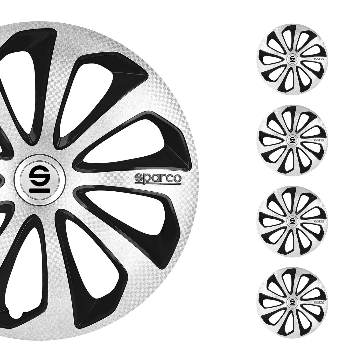 SPARCO Sicilia - ABS Silver Carbon Black Hub Caps 14 Inch Set of 4, Tapas para Rines 14, Premium Wheel Covers 14 Inch, R14 Rim Cover Set, Snap On Durable Car Replacement Exterior Accessories