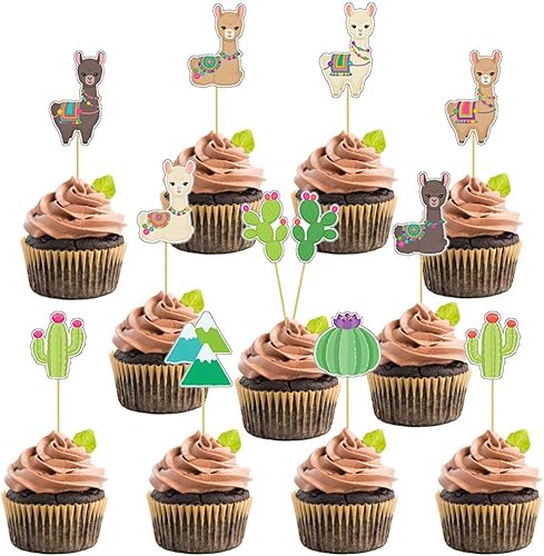 Decoración para cupcakes de cactus de llama, 48 unidades, decoración de pasteles para fiesta mexicana, temática de cactus de alpaca, suministros