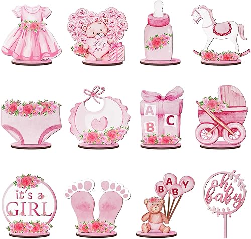 12 piezas de decoración rosa para baby shower para niña, centros de mesa de baby shower de madera para mesas, suministros de fiesta, revelación de