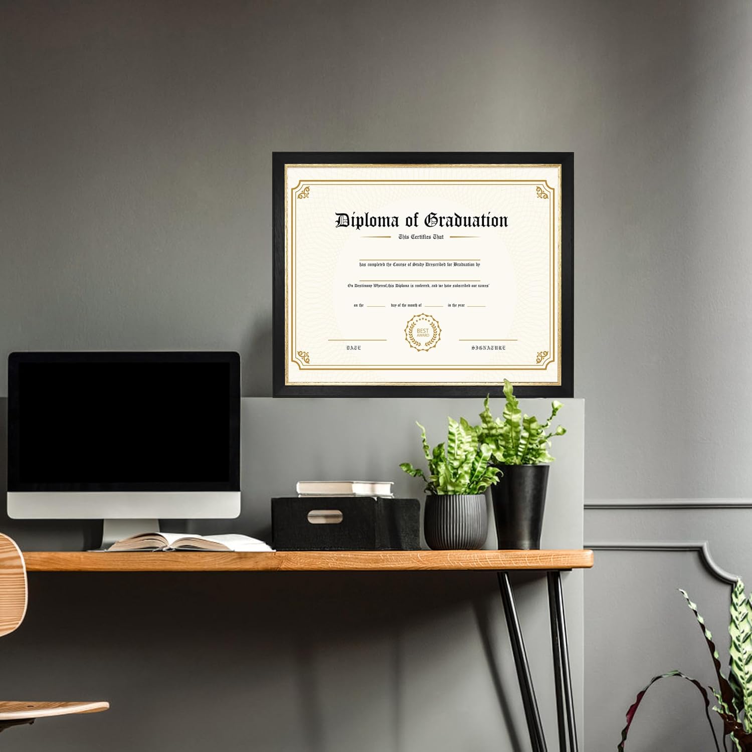 14x17 diploma frame with black over gold mat, 16x20 certificate frame, real wood with gold trim, black with tempered glass 14x17 with black over gold mat black