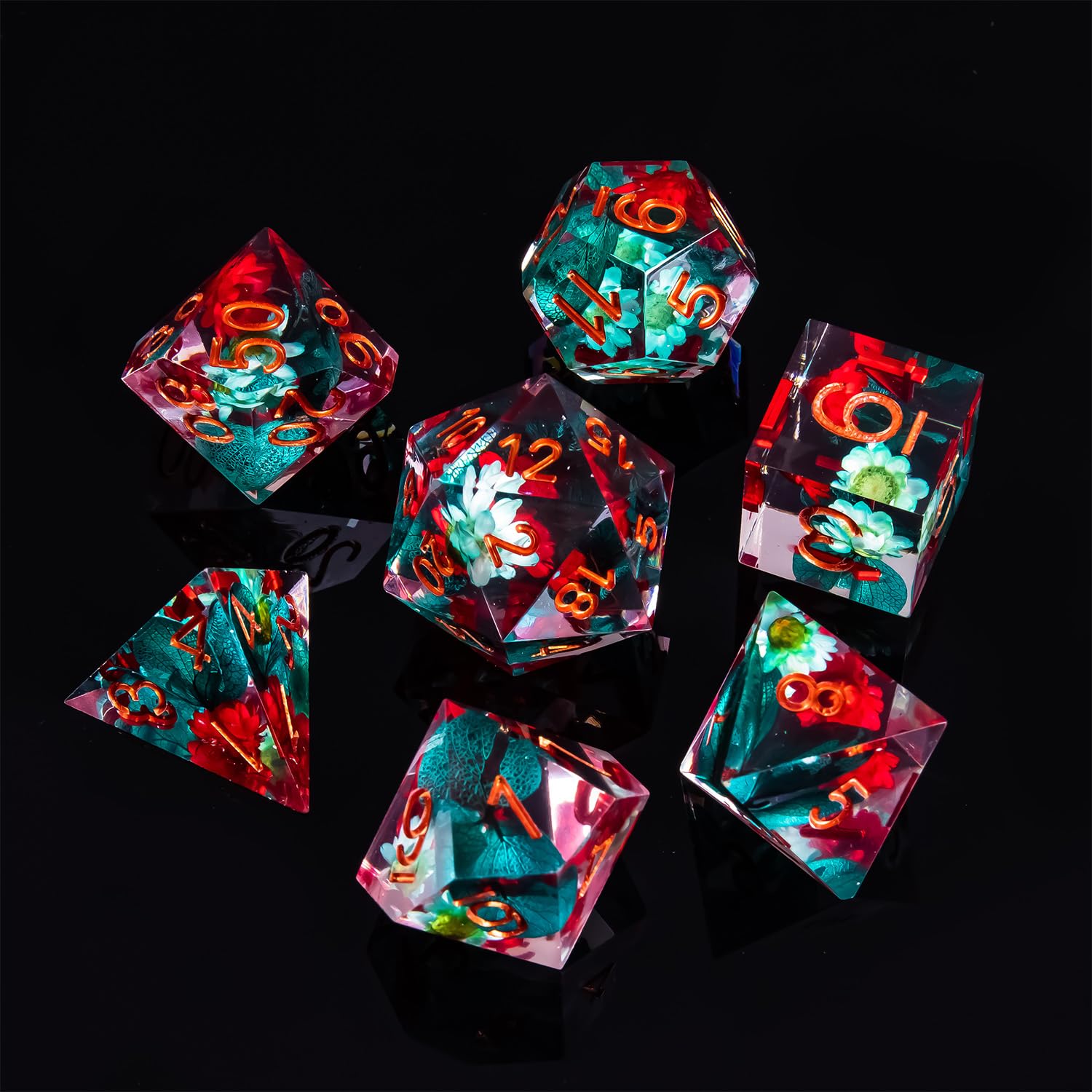 Set di dadi DND, 100% fatti a mano, con bordo affilato, 7 pezzi, in resina, poliedrici, FugaCity Dungeons and Dragons, set di dadi per D&D con sabbia dorata cristallina, per giochi di ruolo e MTG