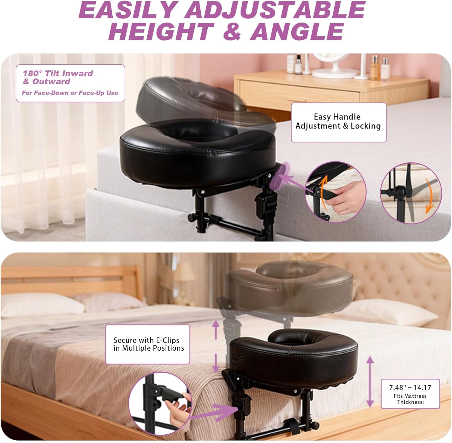 Massage Headrest for Bed with Armrest, Adjustable Bed Massage Head Holder for Home Spa, Portable Face Down Pillow After Eye Surgery Recovery Kit, Fits 6"–17" Mattresses, Black