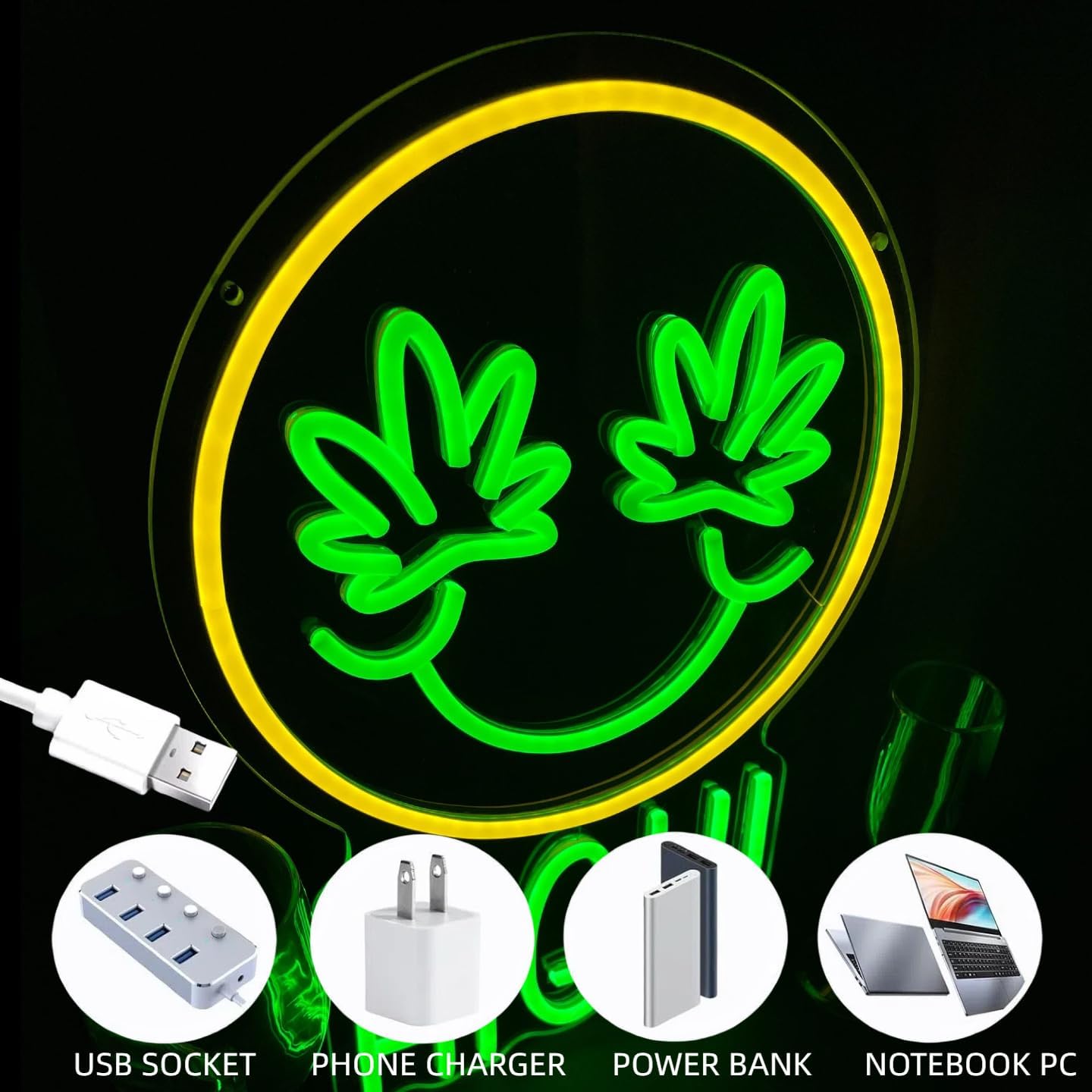 Green High Face Neon Sign for Wall Decor Green Leaf High Face Neon Light Dimmable Light Sign Wall Decor for Man Cave Bar Bedroom Shop Hotel Garage Decor Gifts for Men - Image 3