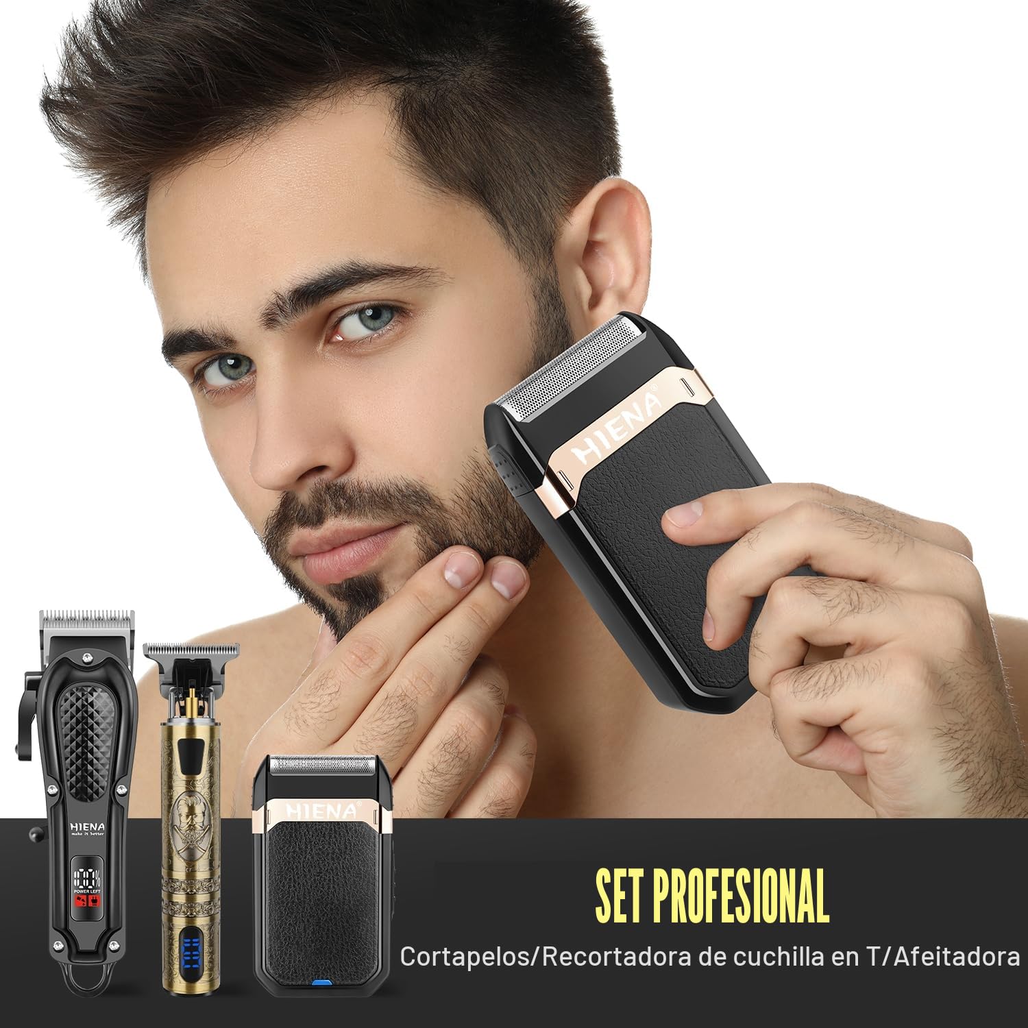 HIENA PRO Cortapelos Profesional para Hombres, Inalámbrico, Afeitadora de Barba Recargable, Kit de Corte de Pelo para Barbería con Pantalla LED
