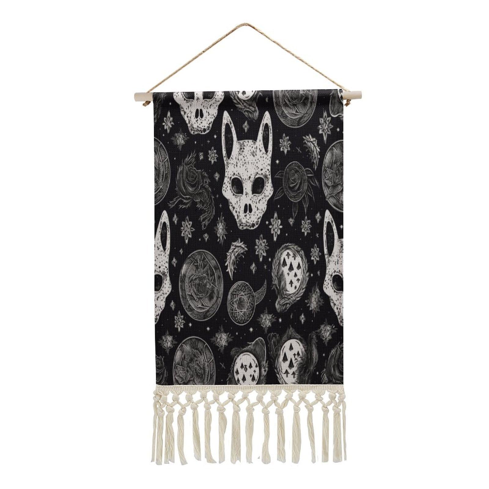 Adfgyerh Style Skull Cat Moon Gothic Tapestry With Tassels Cotton And Linen Hanging Posters, Wall Art For Travel Gift, Wall Tapestry For Office Home Decor Bedroom Living Room Decor