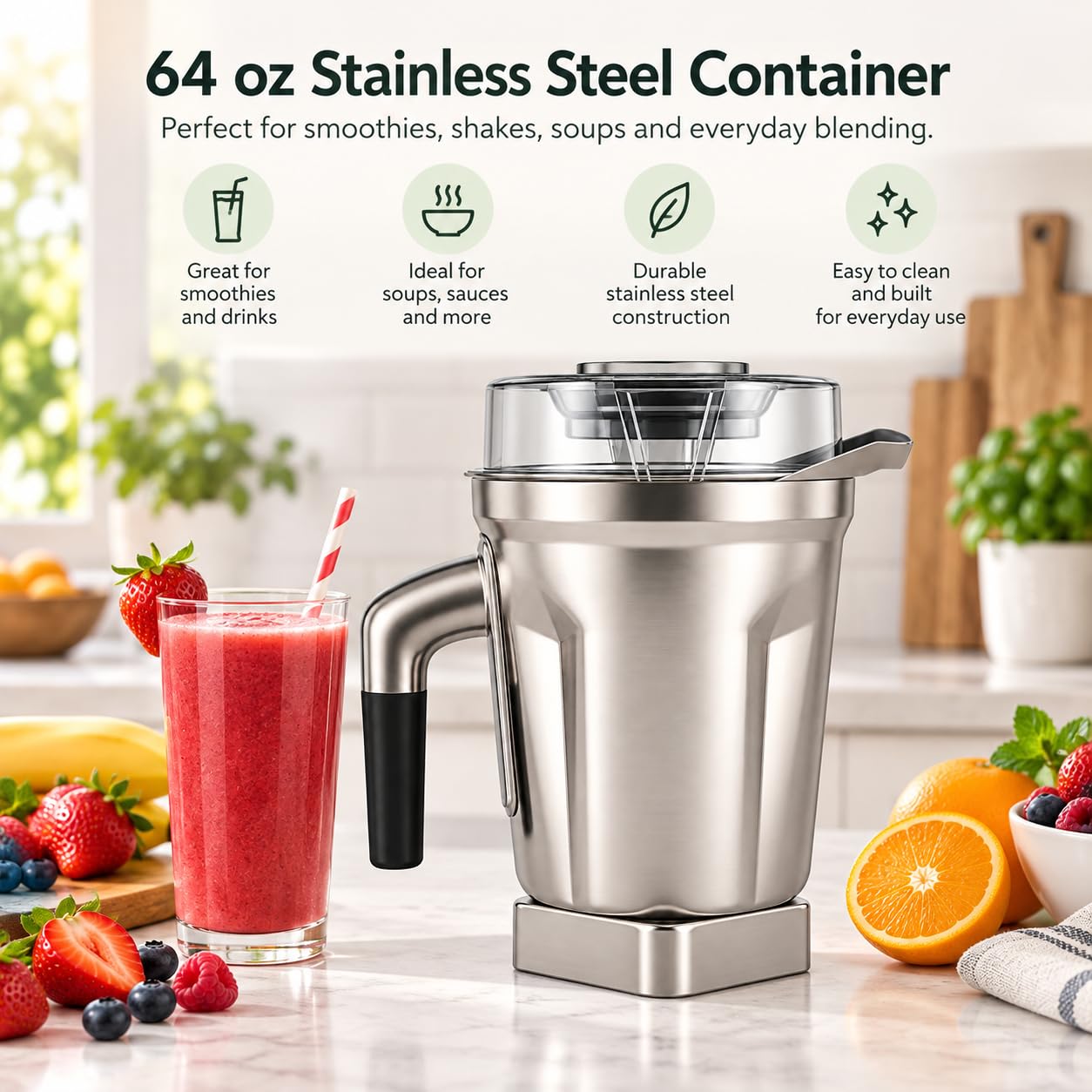 Bote mezclador de acero inoxidable de 64 onzas compatible con Vitamix 5200