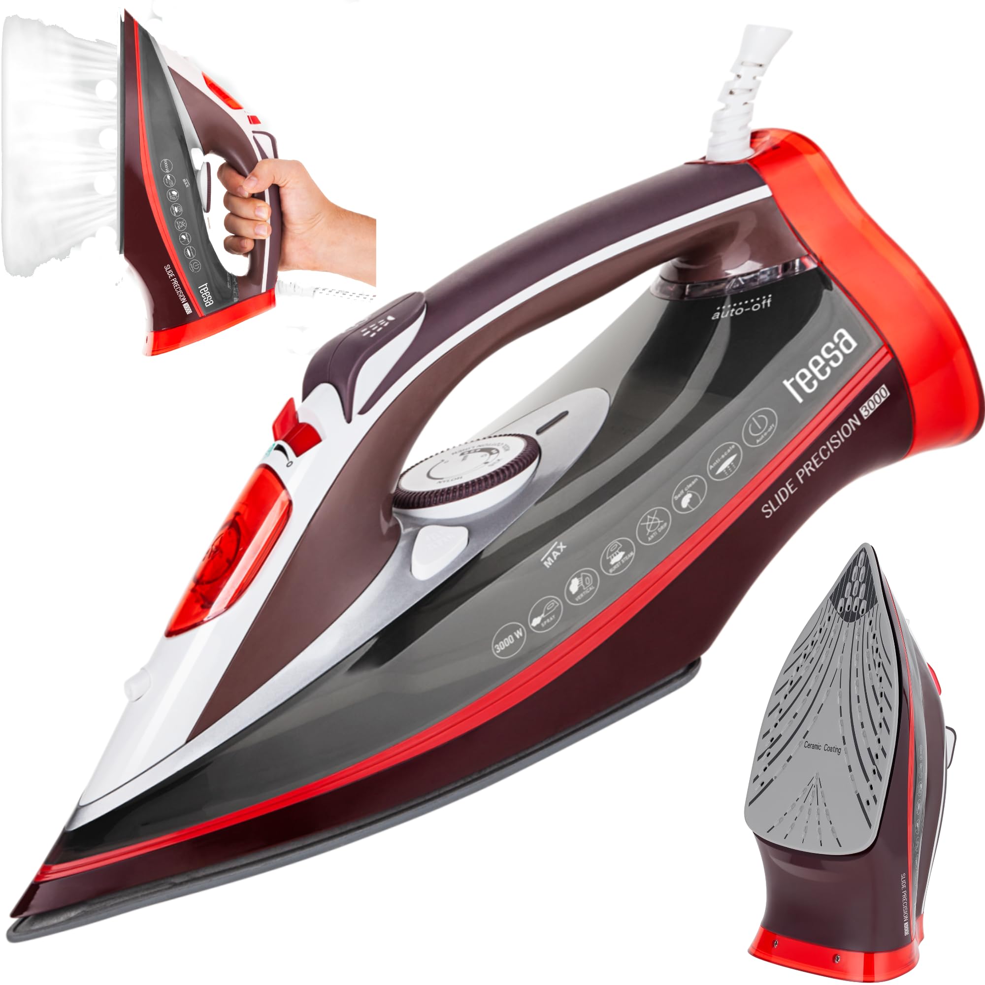 Teesa Żelazko Parowe Slide Precision 3000 W Prasowanie w Pionie i na Sucho Spryskiwacz Automatyczne Wyłączanie Czerwono-biało-szare TSA2011