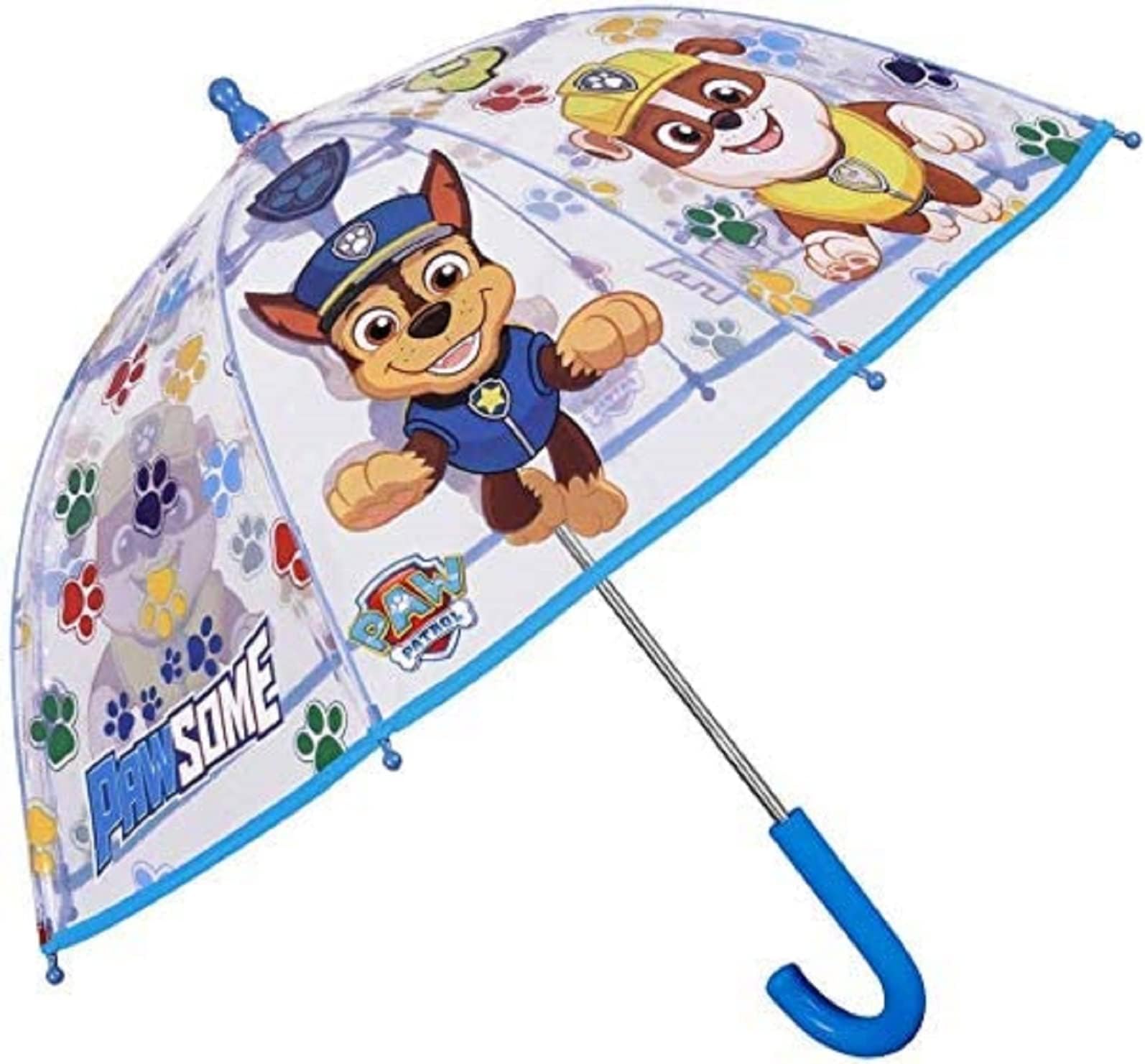 Nickelodeon Transparent Paw Patrol Umbrella for Children Blue Stick Umbrella for Boys - Marshall Chase and Rubble Print - Windproof Dome Brolly with Safety Opening 65CM