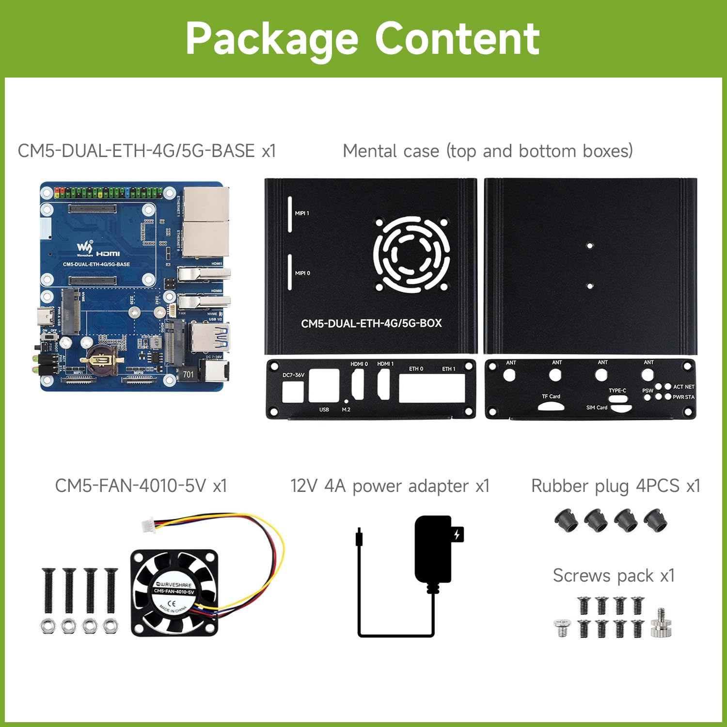Waveshare Dual Ethernet Base Board with Metal Case For Raspberry Pi CM5, Supports 4G/5G Module, Dual 4K Display Outputs & 2 MIPI, Onboard 40PIN GPIO Header & 2 USB 3.2 Gen1 Ports, PoE Module Support