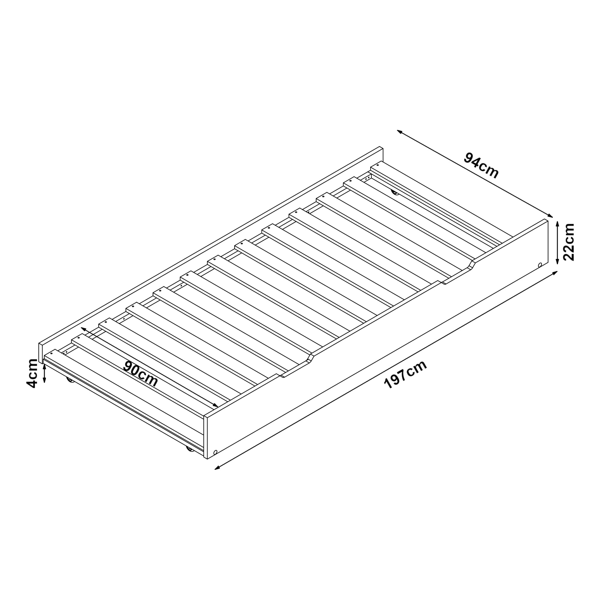 [en.casa] Bettauszug Ydre mit Rollen 197 x 94 x 22 cm Holz Bettgestell mit Lattenrost Weiß Gästebett-Auszug ausziehbar Unterbett-Teil