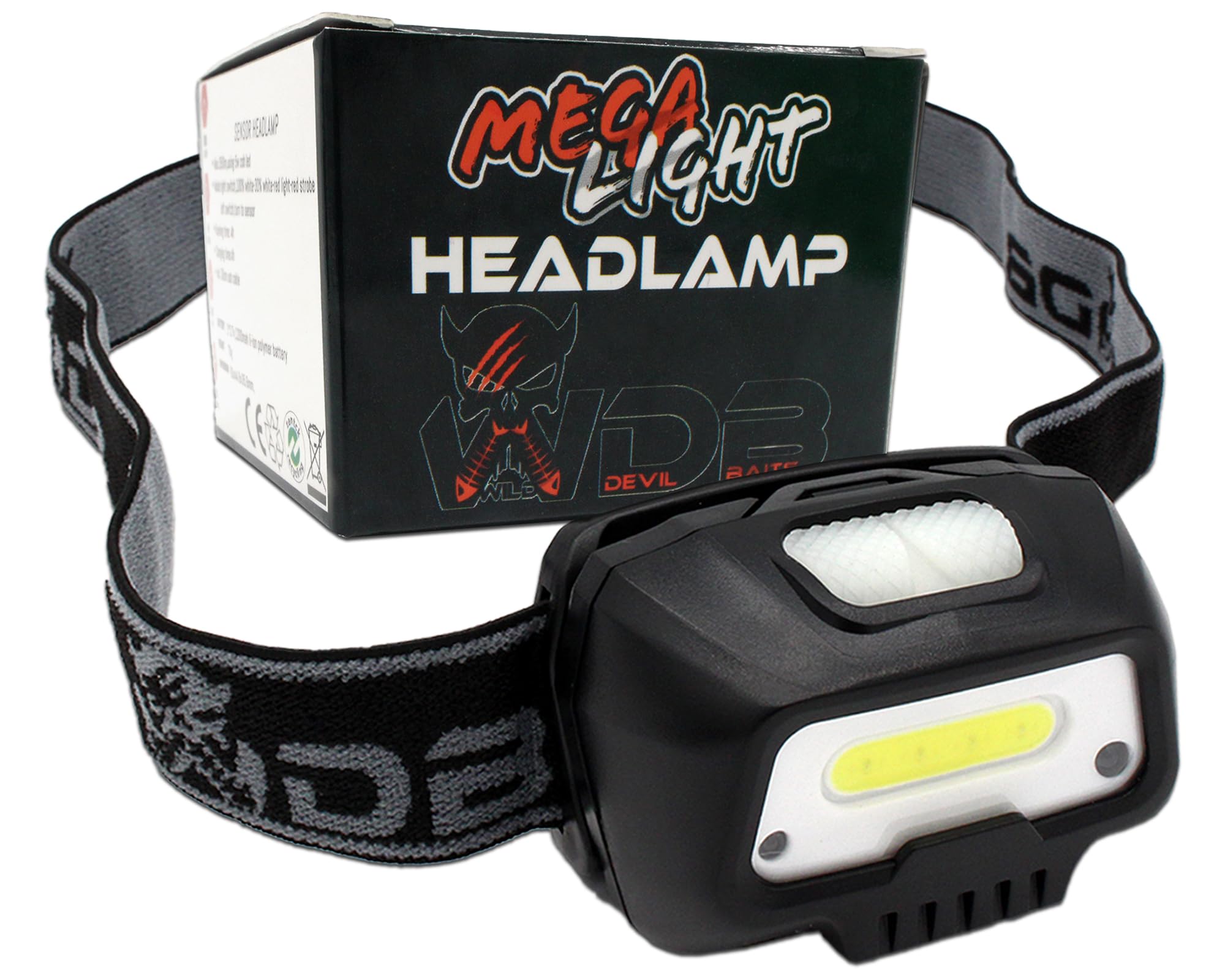 Angel-Berger Wild Devil Baits Mega Light Head Lamp - Linterna frontal con sensor de movimiento, USB, sensor de batería, LED