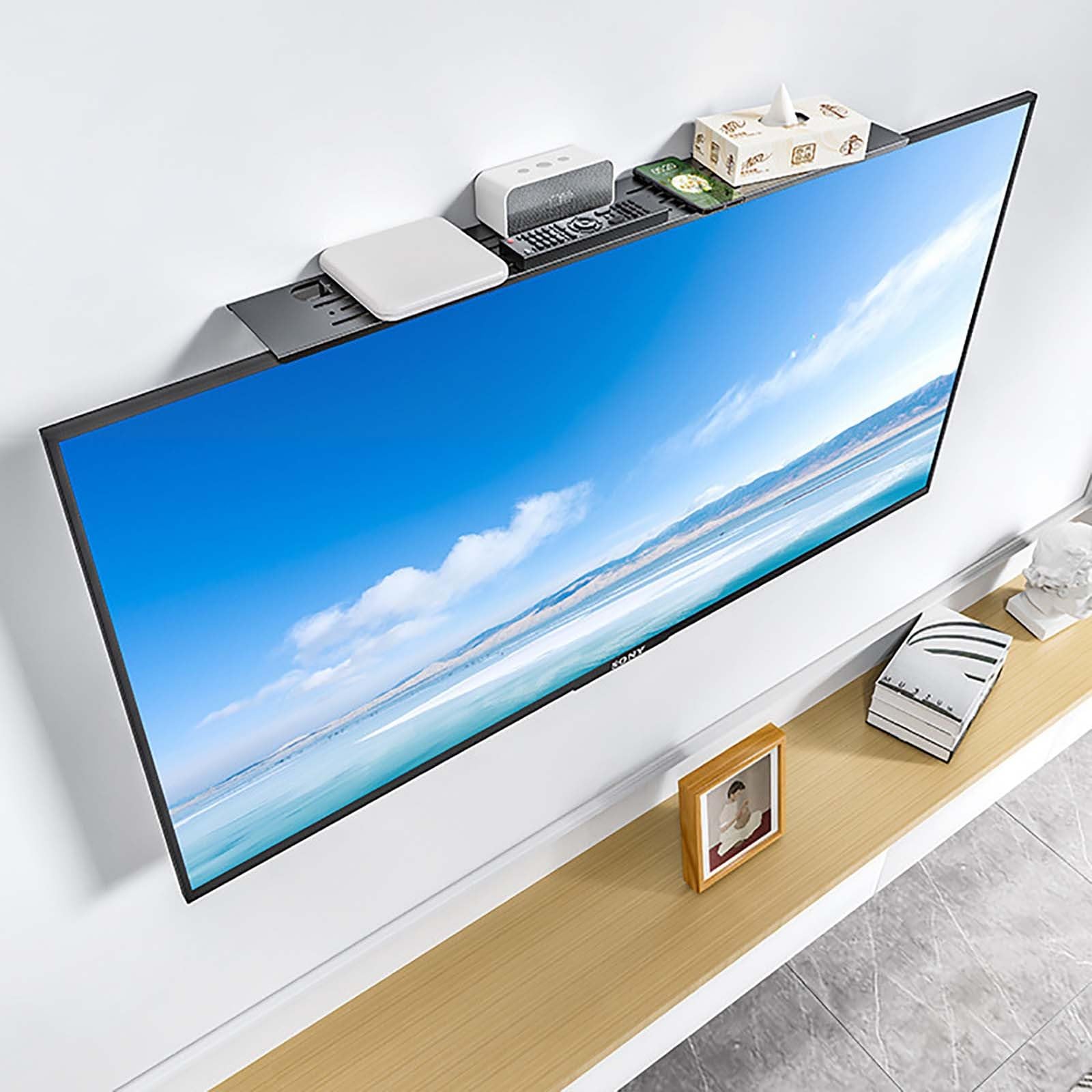 Górna półka na telewizor bez wiercenia, szeroki wspornik montażowy monitora 24–35,5 cala, montowany na ścianie platforma stojaka na telewizor mieści głośnik, pudełko multimedialne, grę, 90