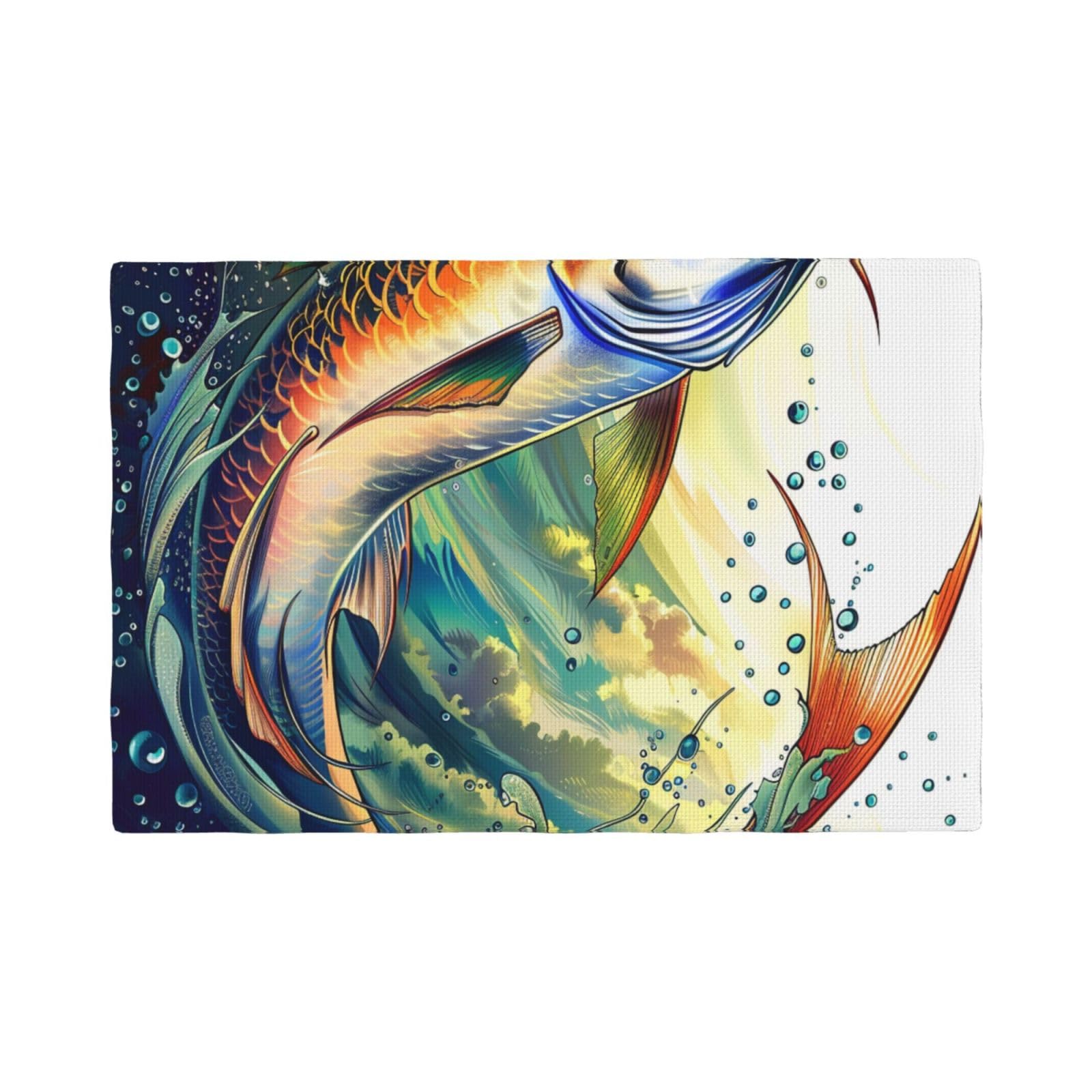 Fish art Print Placemats Set, Heat Resistant Washable Placemat 12x18in Table Mats for Party Kitchen Dining Table Decoration Indoor Outdoor, Four Pieces