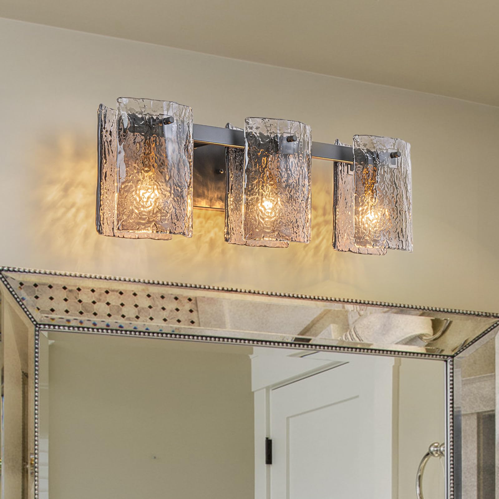EDISLIVE Vintage Bathroom Vanity Light Black 3-Light Bath Wall Light Fixture with Ripple Block Shades Glass 23.6" E12 Antique Wall Sconce for Bedroom Hallway Living Room Vanity Mirror
