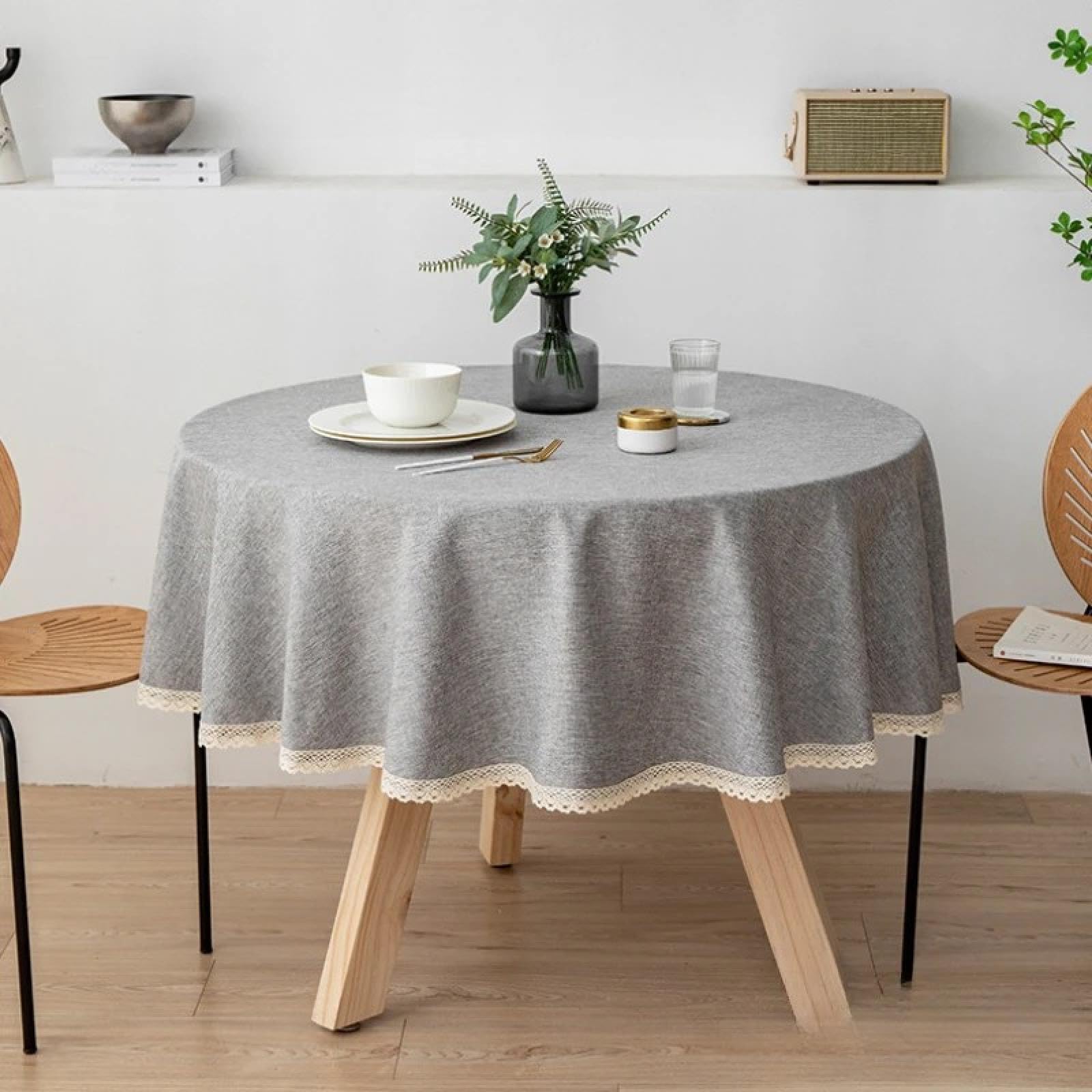 Nappe ronde en coton et lin gris de 180 cm pour table de cuisine