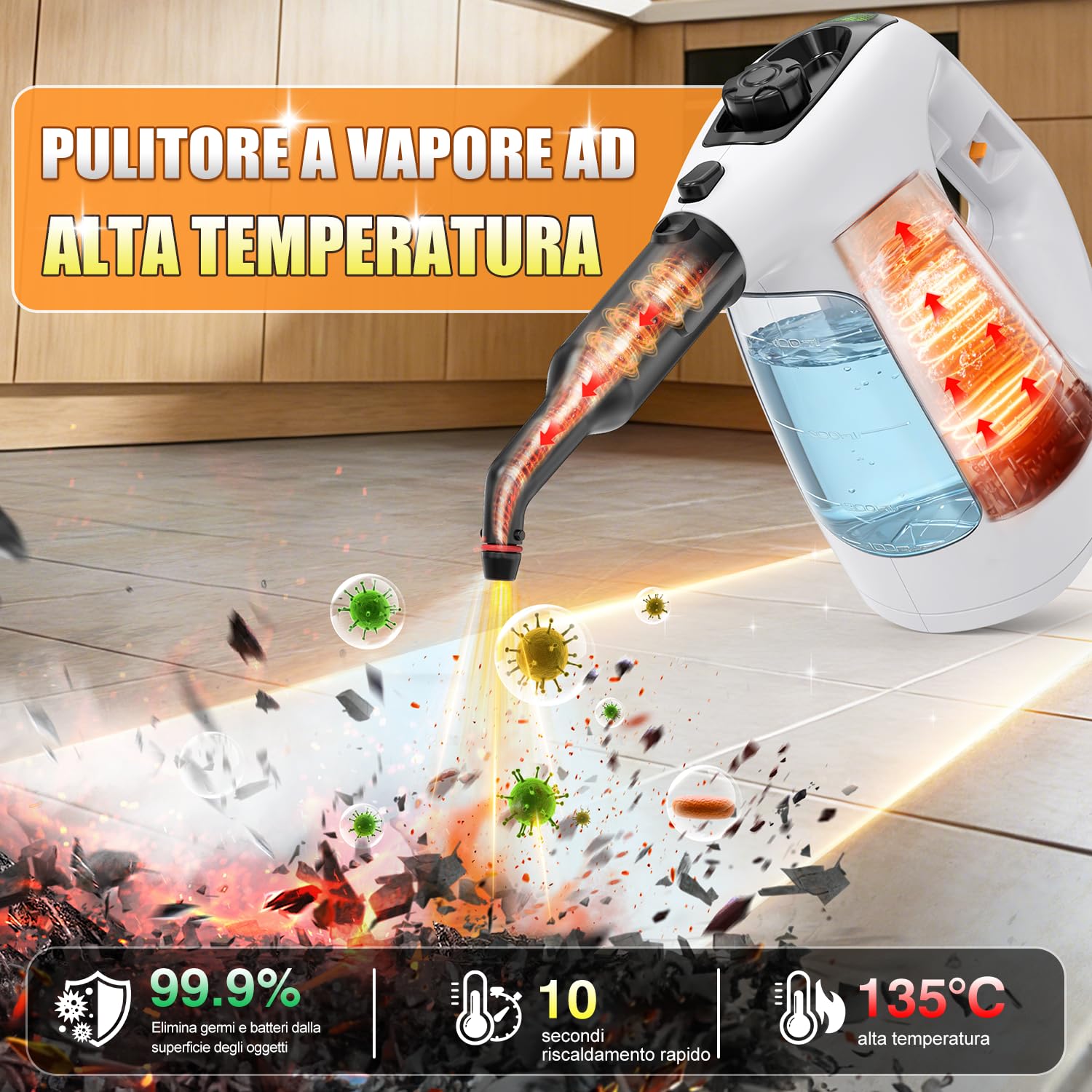 Pulitore a Vapore Portatile, Vaporetto per Casa con Riscaldamento Istantaneo 10s, Serbatoio 450ml, Pulitore Multiuso per Cucina, Bagno, Piastrelle, Fughe e Tappezzeria
