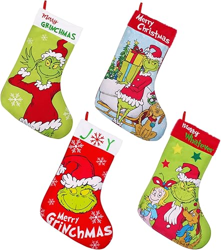 Paquete de 4 calcetines de Navidad, 18 pulgadas, grandes, color verde, decoraciones de Navidad para decoración de fiestas familiares