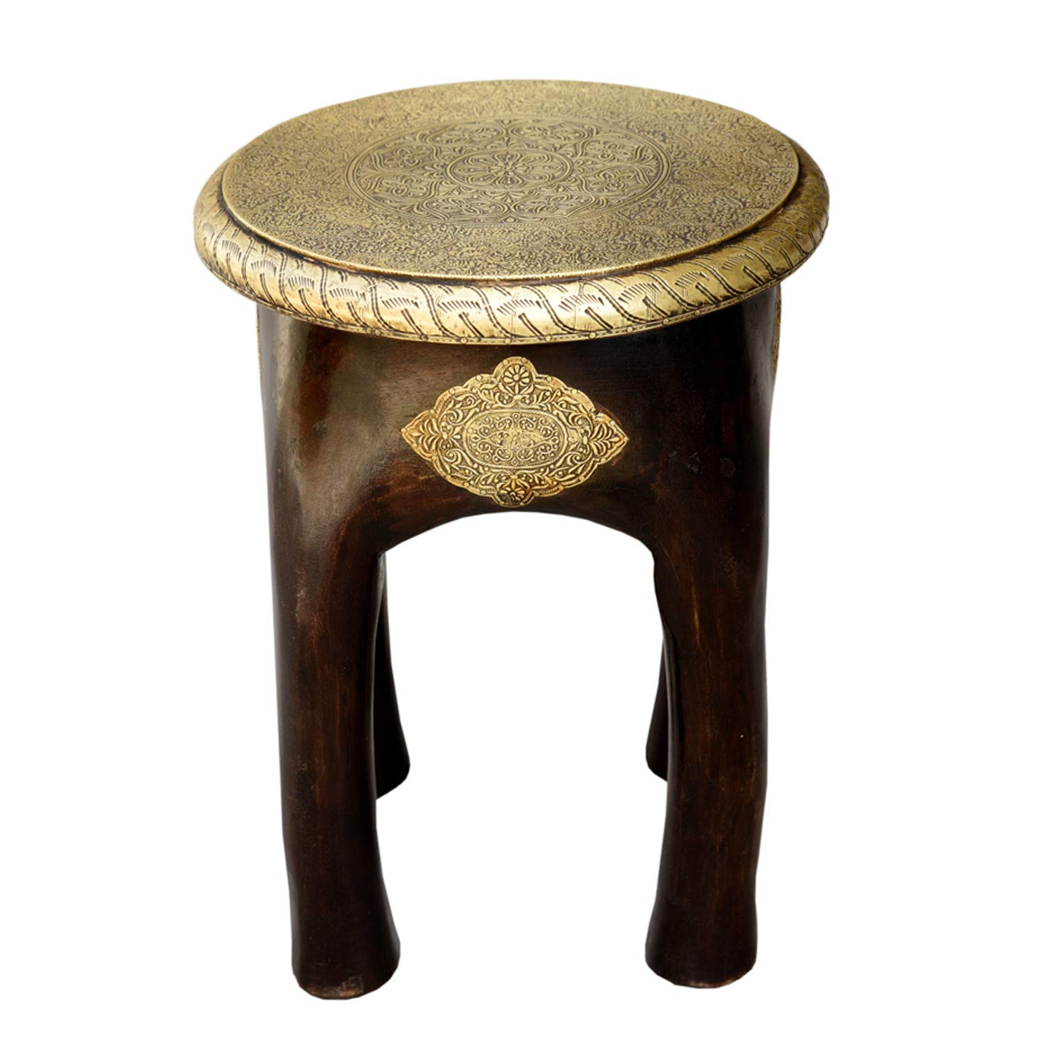 Casa Moro Orientalischer Sitzhocker Kamala H 45 x Ø 34 cm rund aus Massivholz Mango handgeschnitzt mit Messing verziert | Kunsthandwerk Pur | Vintage Holz-Hocker Beistelltisch | MA03-24
