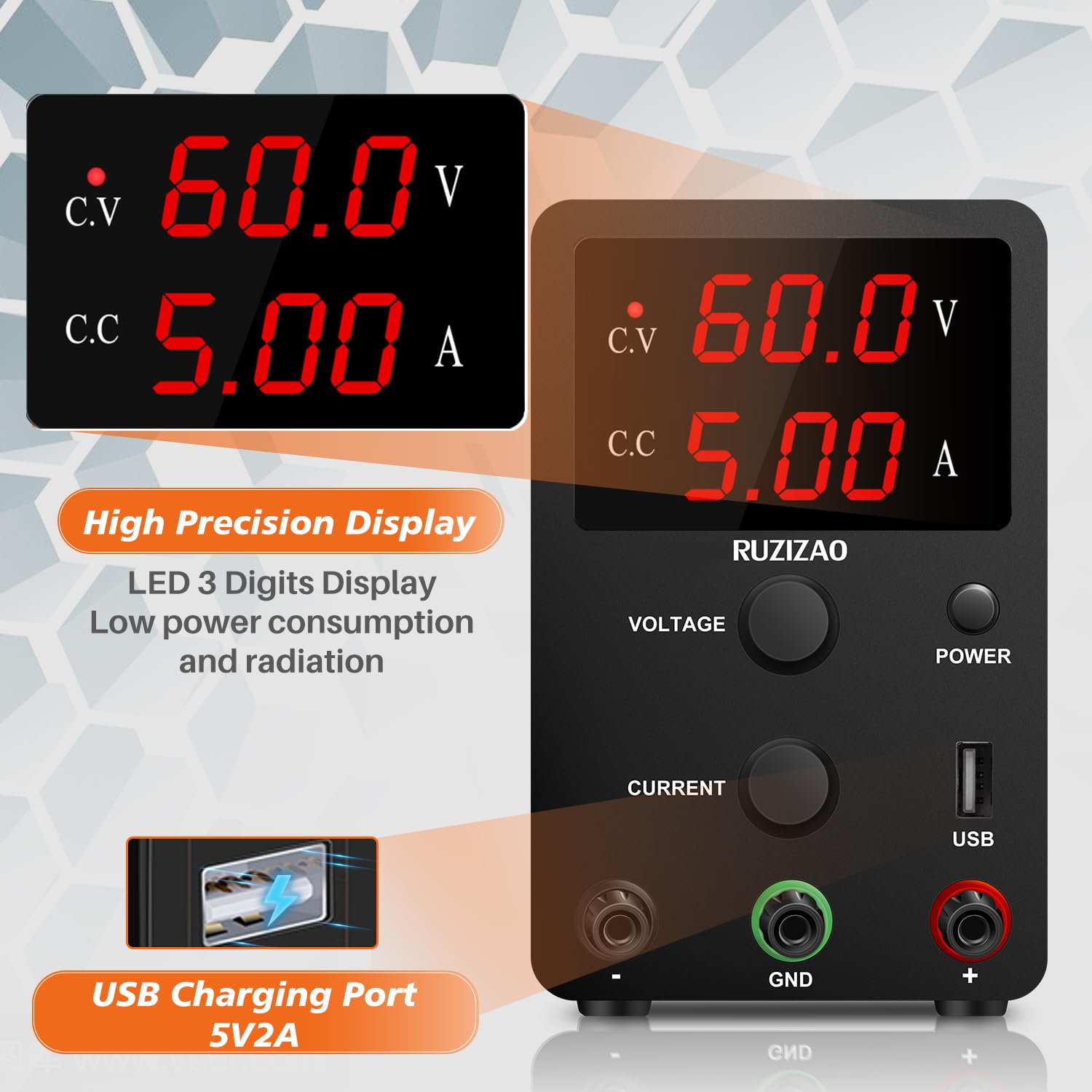 Fuente de Alimentación Regulable 60V 5A, Fuente de Alimentación de Laboratorio con Pantalla LED de 3 Dígitos, Fuente de Alimentacion de Banco con Puerto USB 5V/2A Fuente de Alimentación de CC