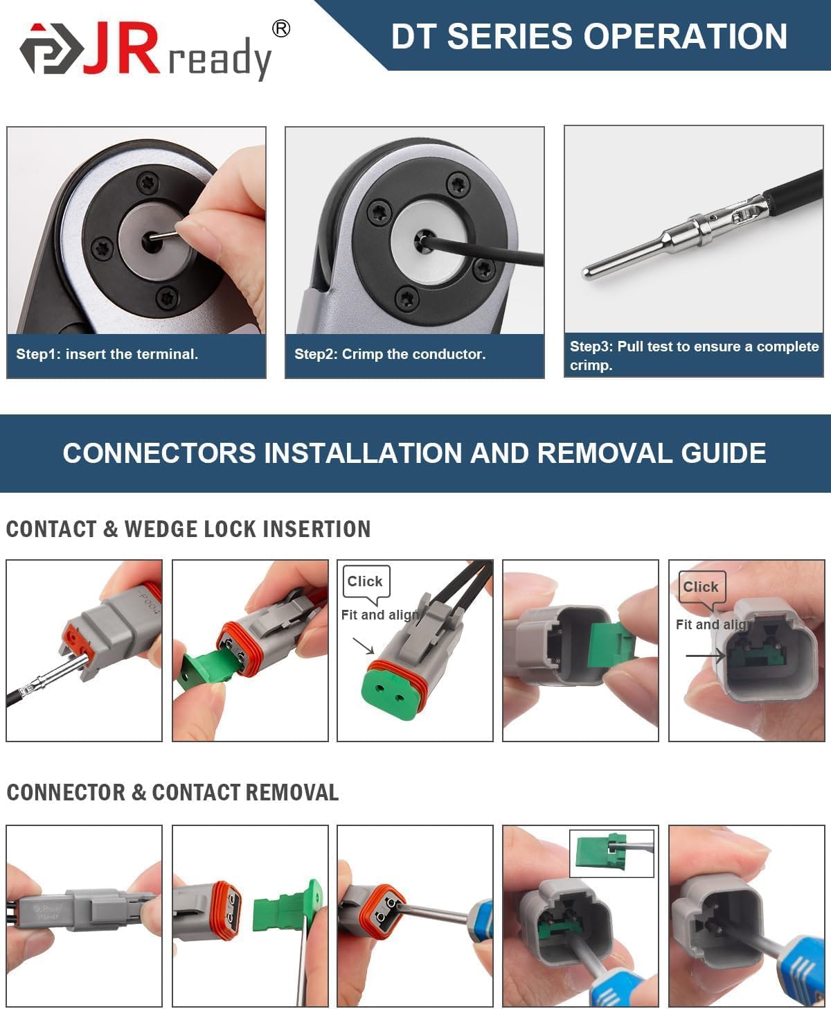JRready DW5008-01 Deutsch Connector Kit, 2 3 4 6 8 12 Pin IP68 Waterproof DT Plug Connectors, Deutsch Crimp Tool, Size 16 Solid Contacts 16-20 AWG, Seal Plug, for Automotive, Marine,Motorcycle
