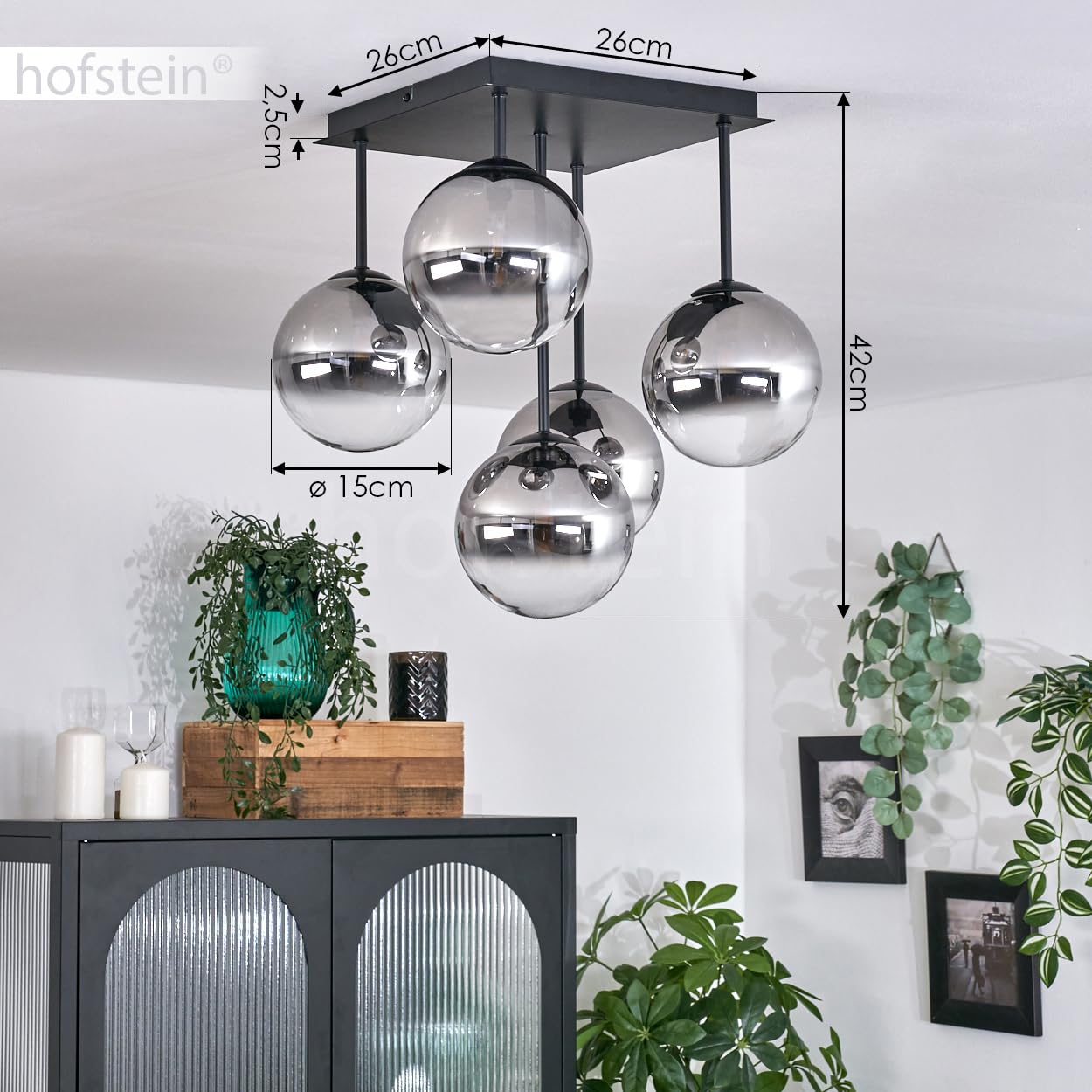 HOFSTEIN Deckenleuchte Chehalis, 5-flammige Deckenlampe aus Metall/Glas in Schwarz/Rauchfarben/Klar, Leuchte im Retro/Vintage-Design, Ø Schirme 15 cm, G9, Esszimmer, Schlafzimmer, Wohnzimmer, Küche