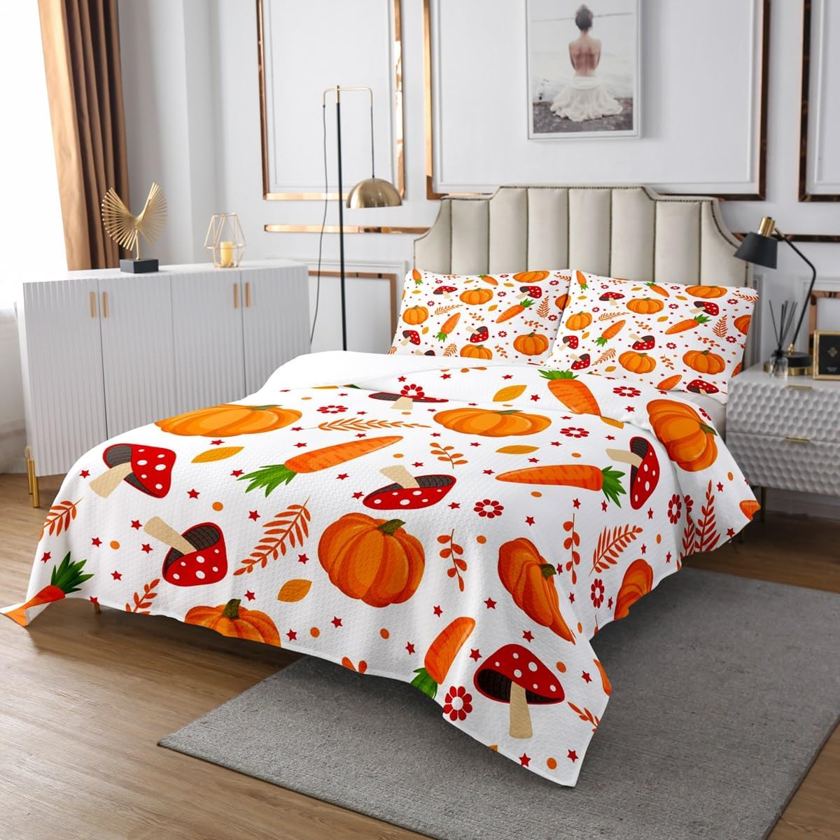 Pumpkin Quilt Set for Girls Boys Kids Red Mushroom Twin Size Coverlet Thanksgiving Bedroom Decorative Autumn Harvest Bedspreads Fall Maple Leaves Daucus Carota Quilted Bedspread 2Pcs Coverlet Set