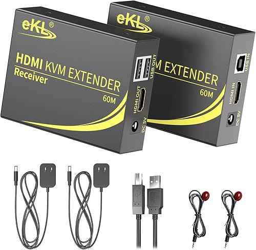 eKL Extensor KVM HDMI USB 196.9 ft196 pies sobre UTP Cat5e6 Cable Ethernet soporta 1080P 60Hz 2 puertos USB 2.0 para computadora Plug & Play sin