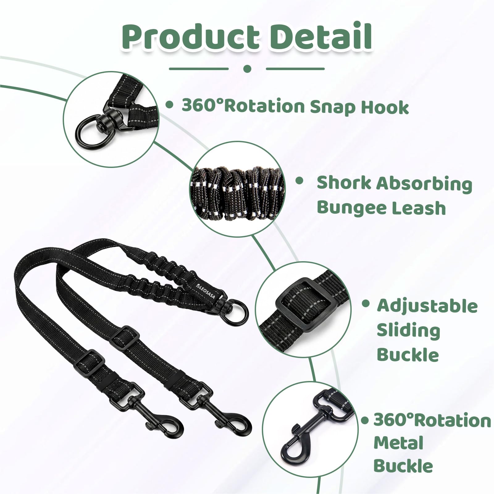 LEOSASA Double Dog Leash for 2 Dogs - No Tangle 360°Swivel Splitter with Reflective Stitching, Adjustable Length and Stretchy Shock-Absorbing Comfort, for Small/Medium Dogs Walking Training (L（2.5cm）) - 4