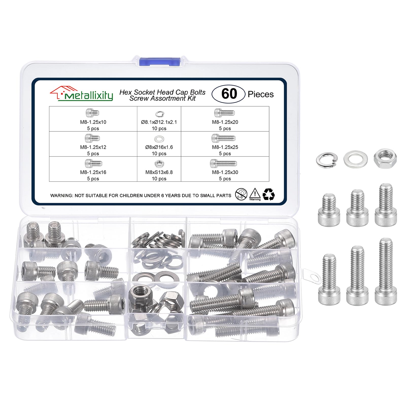 METALLIXITY Socket Head Cap Screws Kit (M8x10/12/16/20/25/30) 60Pcs, Stainless Steel Allen Socket Drive - Machine Internal Hex Screw, Silver