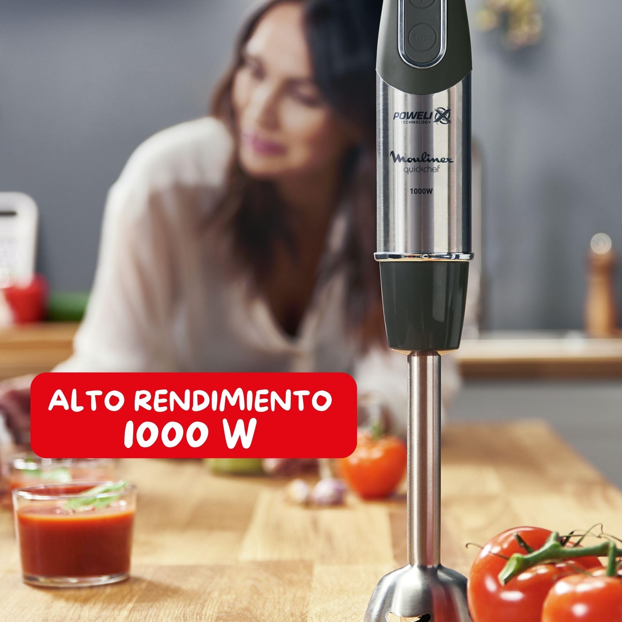 Moulinex Quickchef, Batidora de mano 1000 W con 4 accesorios, 10 velocidades, accesorio pasapuré, picadora, varillas, vaso medidor y pie metálico, cuchillas de acero robustas DD65H810