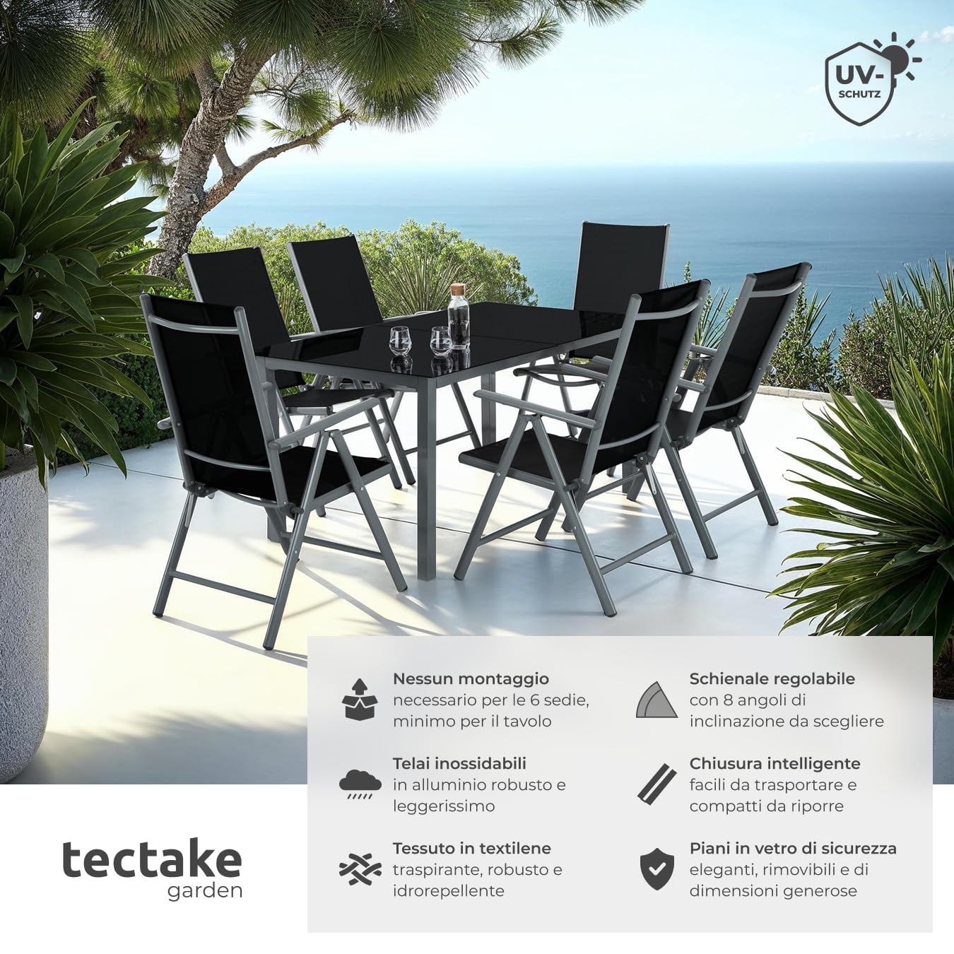 Tectake Set Mobili da Giardino in Alluminio, 6 Sedie Pieghevoli e Reclinabili, Tavolo 150x90 cm, Vetro di Sicurezza, Grigio Scuro